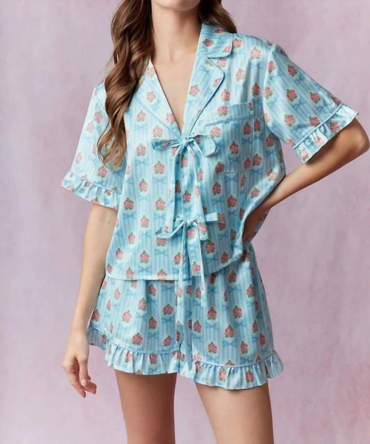 Stripe And Bow Satin Printed Pajamas In Lightt Blue/pink
