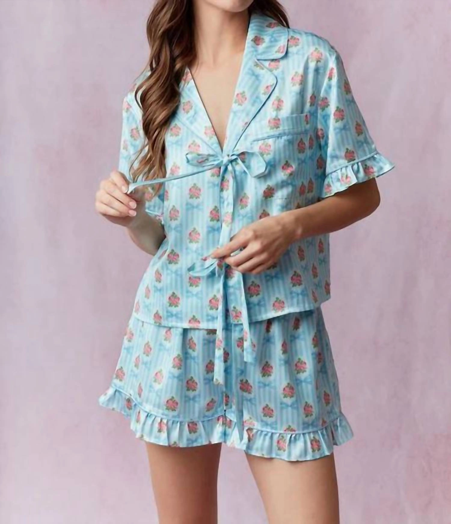 Stripe And Bow Satin Printed Pajamas In Lightt Blue/pink
