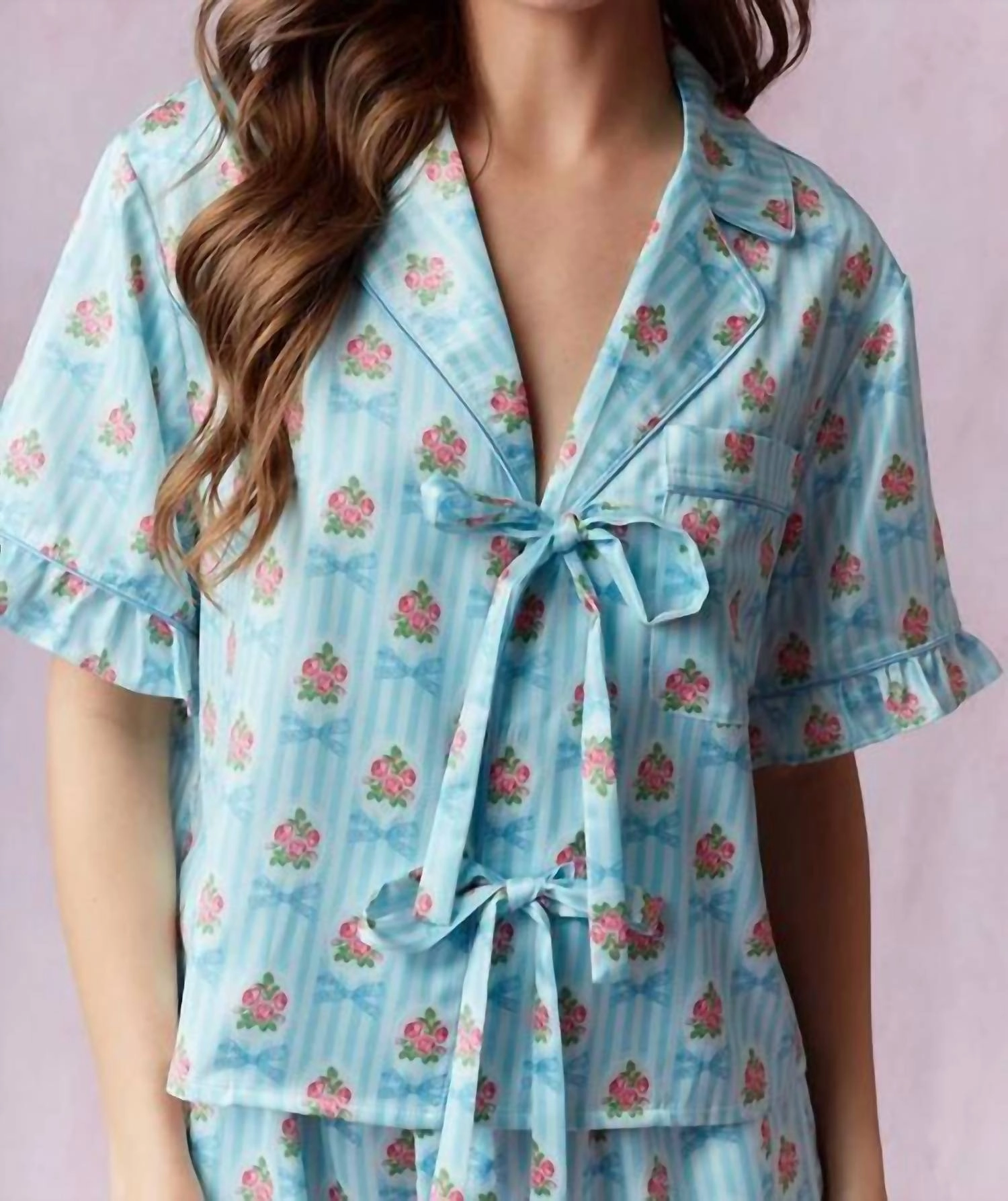 Stripe And Bow Satin Printed Pajamas In Lightt Blue/pink