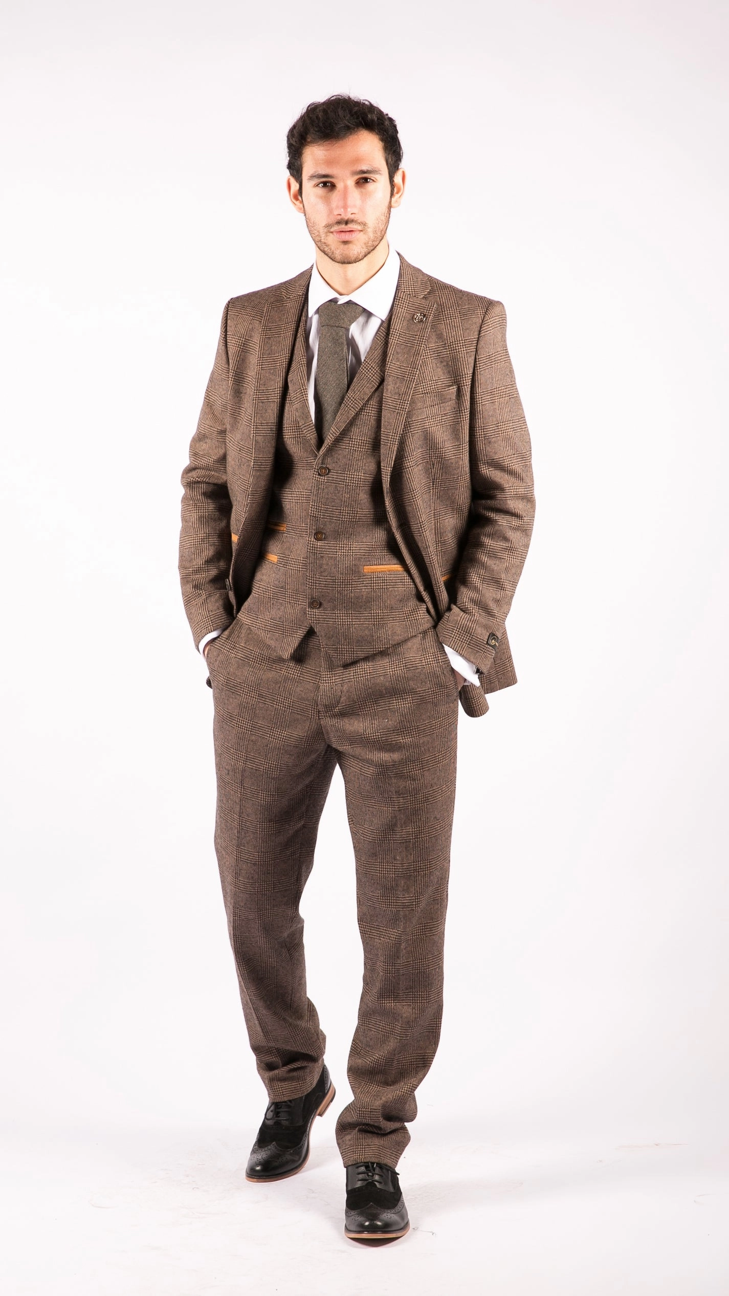 STZ17 Wool 3 Piece Check Suit Tweed Brown