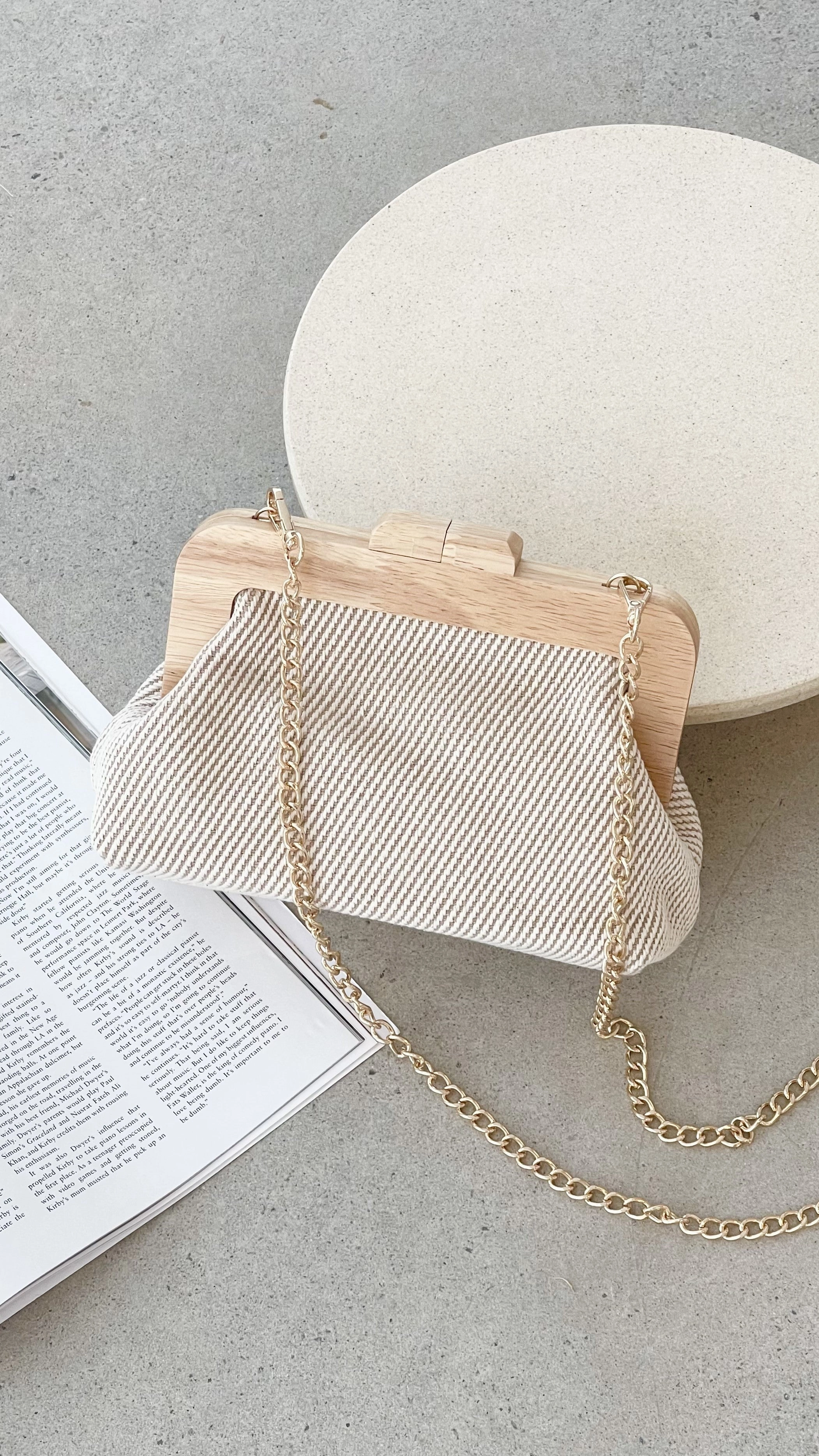 Tessa Fabric Weave Timber Frame Clutch - Camel / Natural