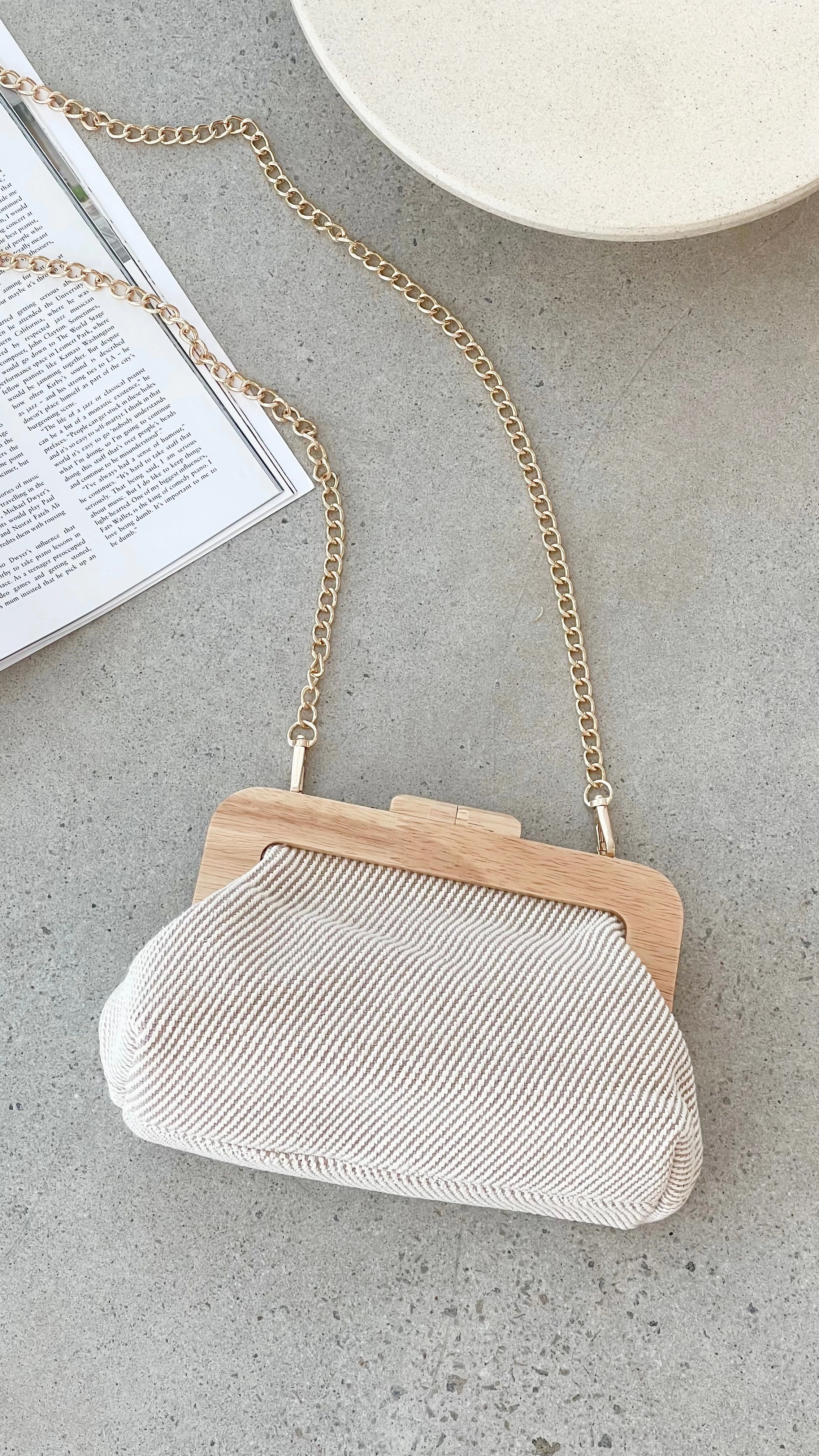 Tessa Fabric Weave Timber Frame Clutch - Camel / Natural
