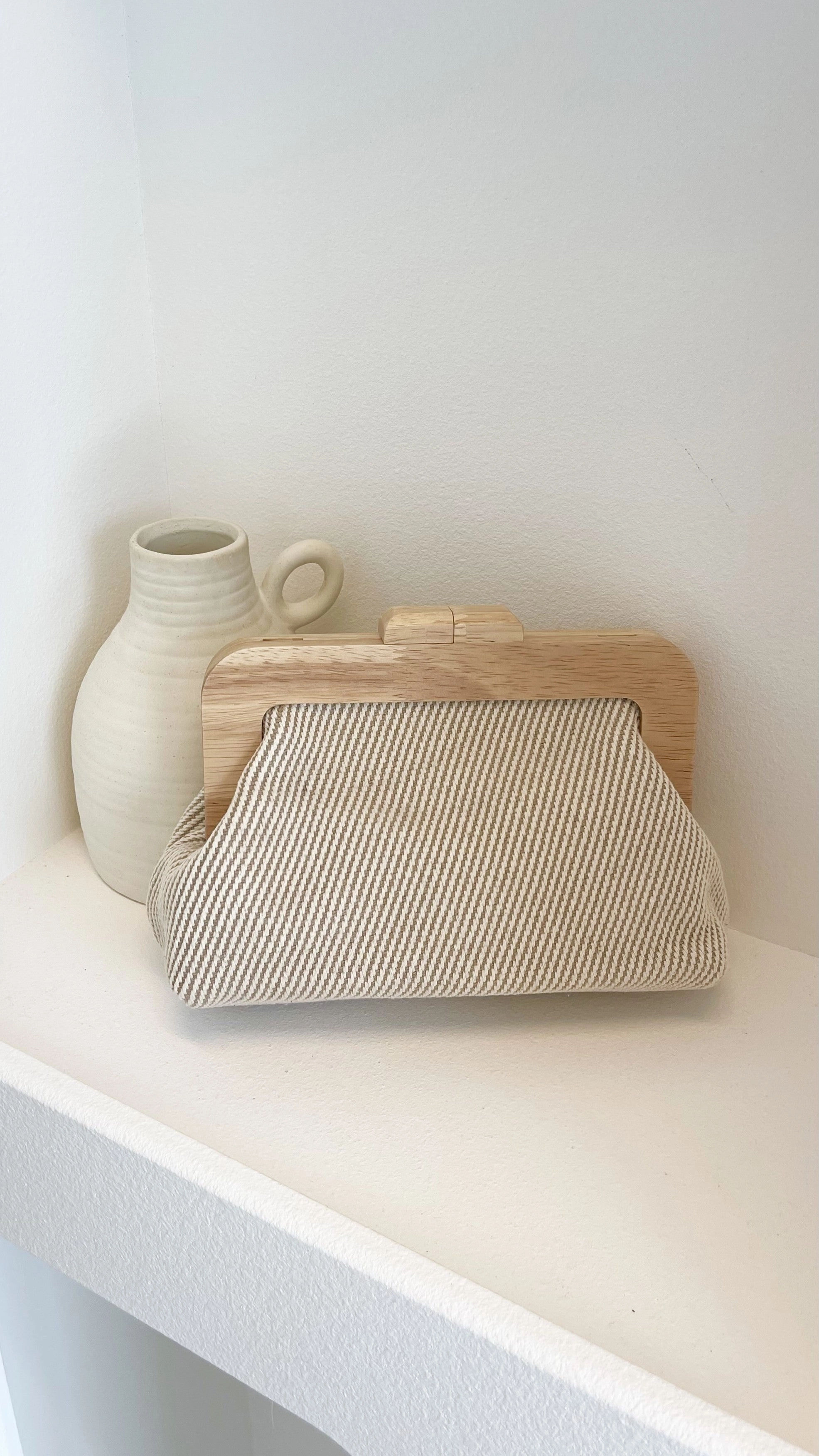 Tessa Fabric Weave Timber Frame Clutch - Camel / Natural