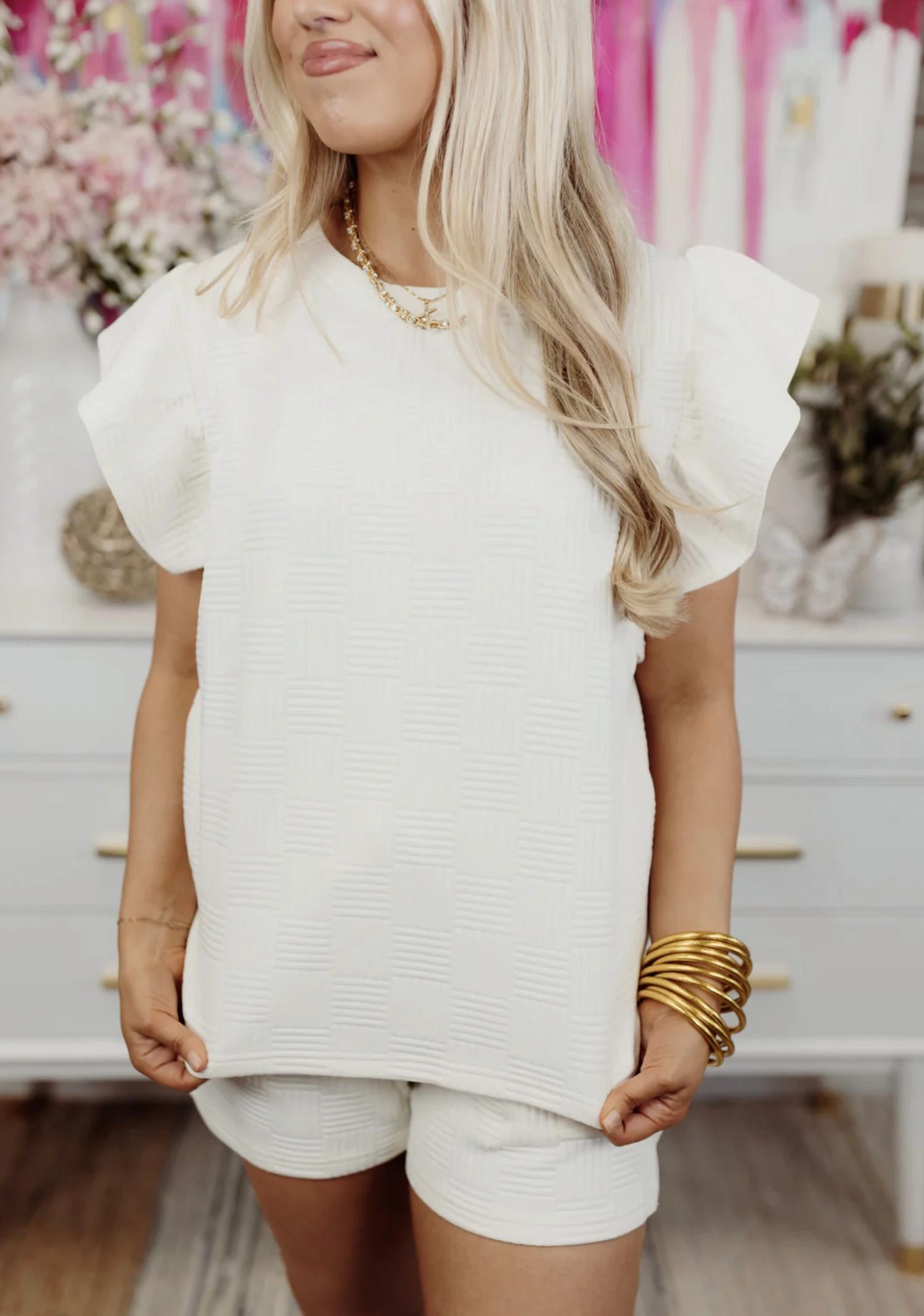 Textured Flutter Sleeve Top And Short Se In Ivory