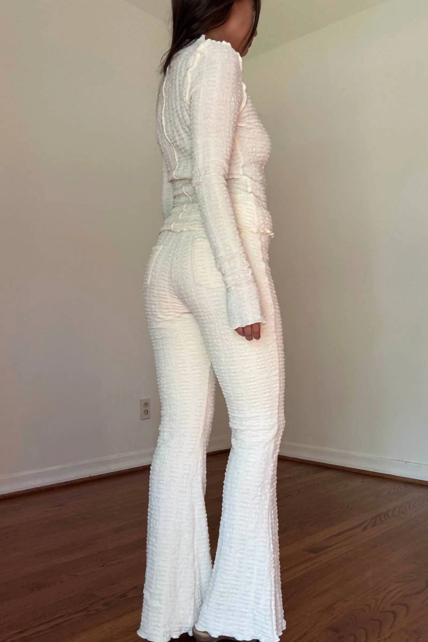 Textured High Neck Top & Flared Pants In Cream