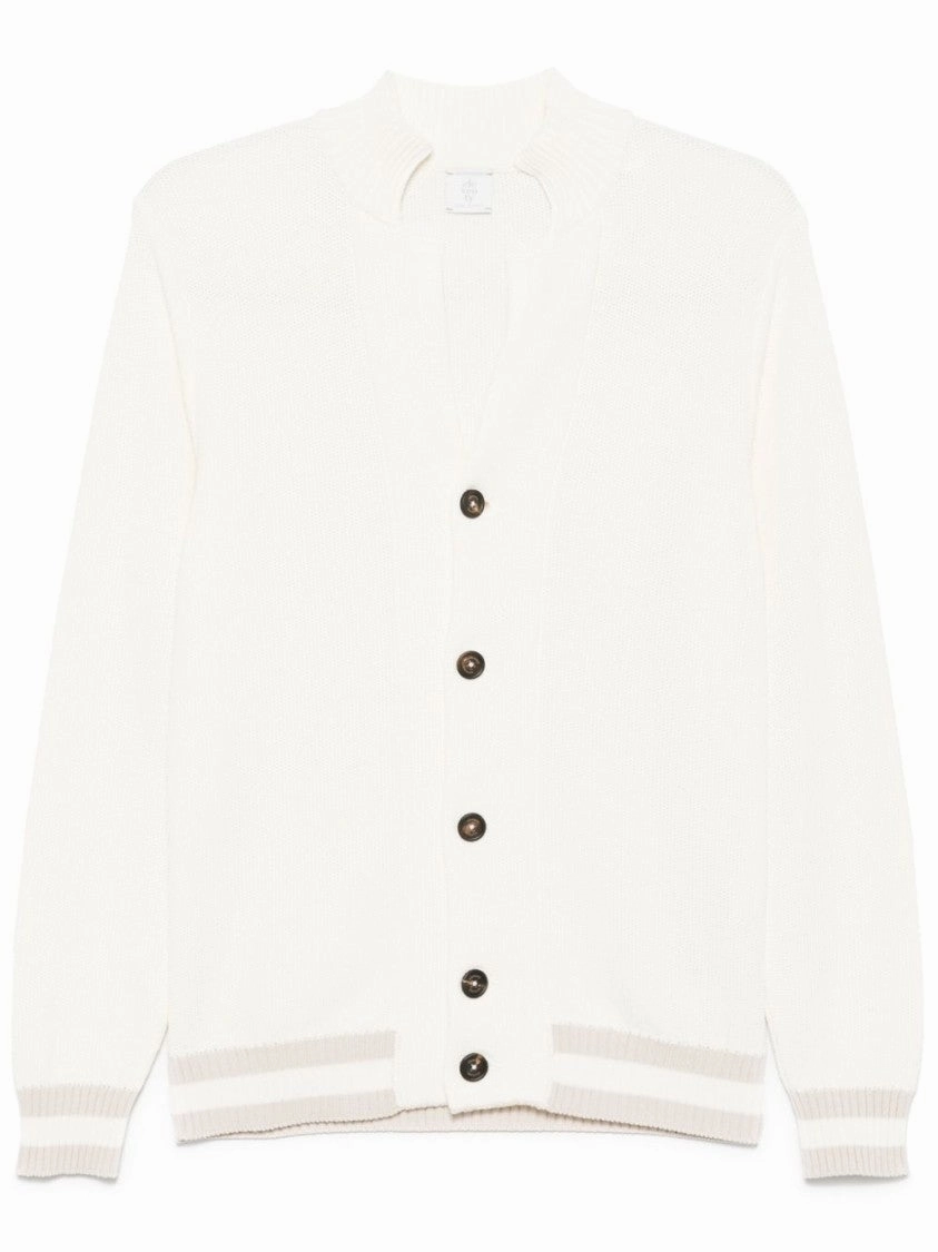 Textured Knit Cardigan With Ribbed Collar And Contrasting Stripes