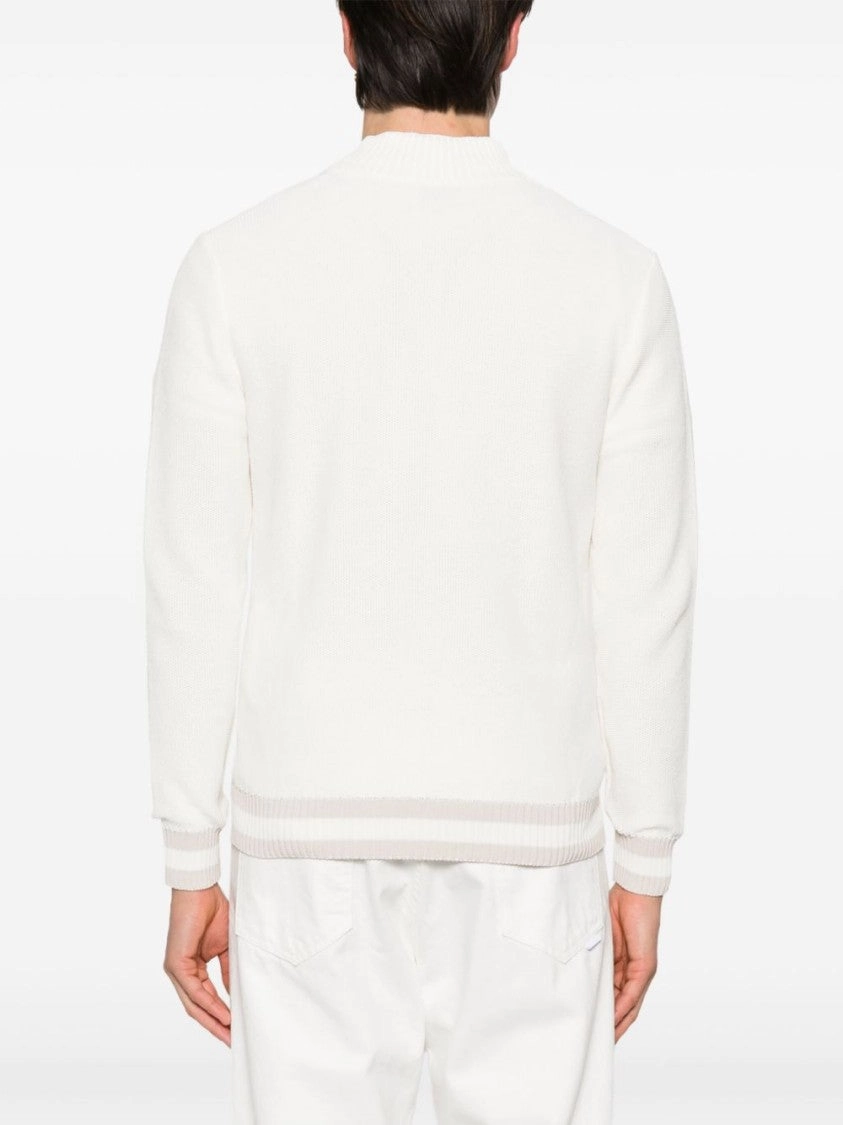 Textured Knit Cardigan With Ribbed Collar And Contrasting Stripes