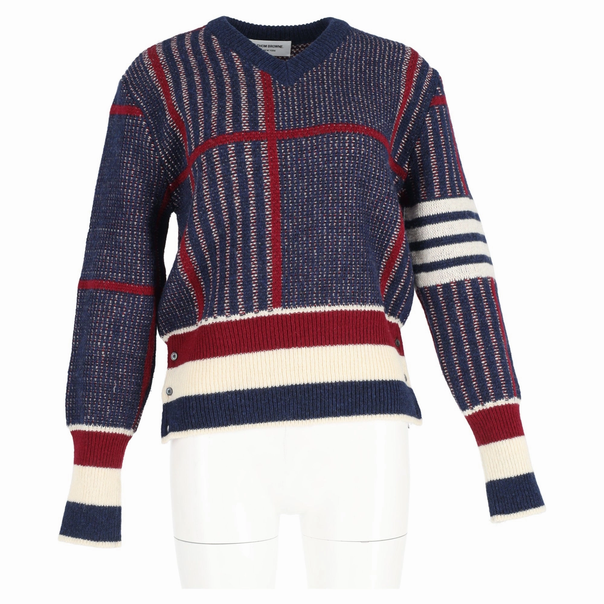 Thom Browne Plaid V-Neck Sweater in Multicolor Wool