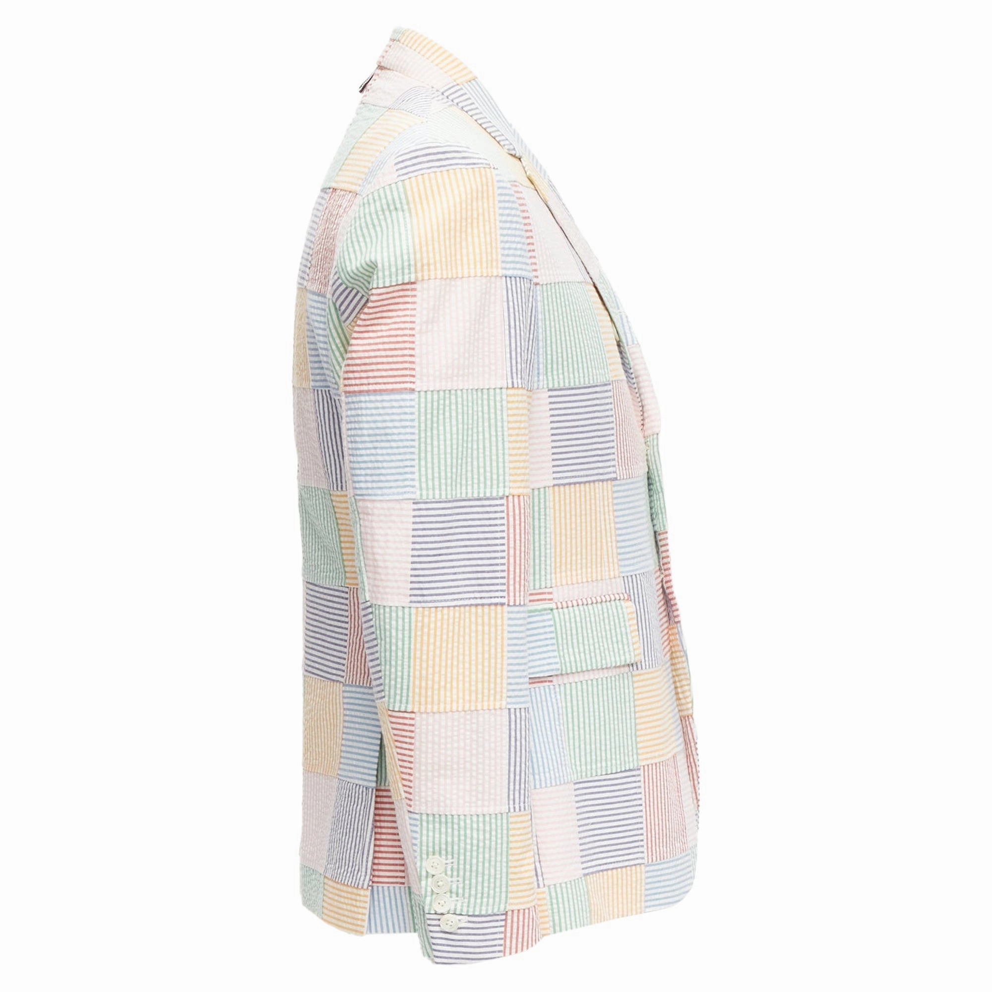 Thom E colourful stripes patchwork seersucker button blazer jacket