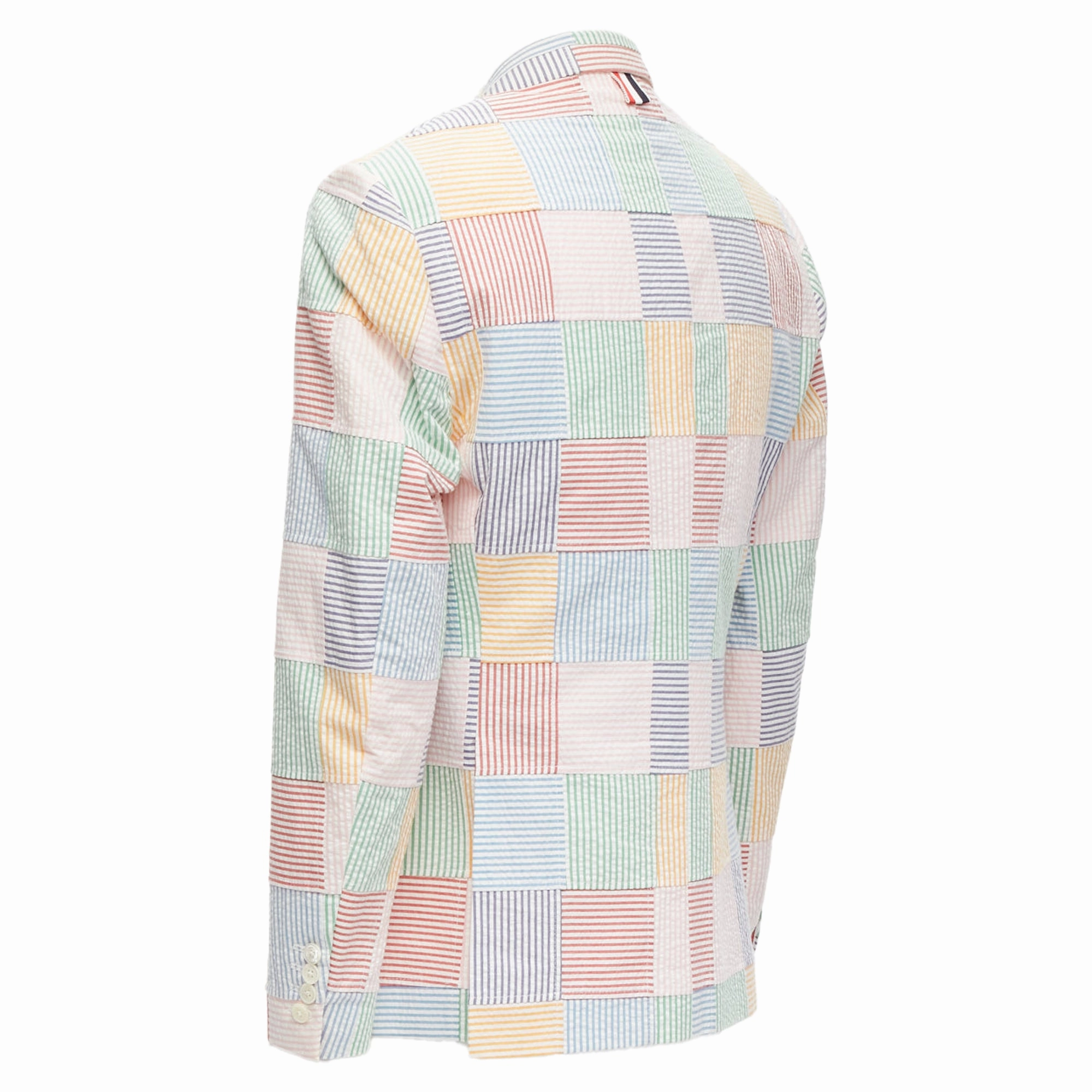 Thom E colourful stripes patchwork seersucker button blazer jacket