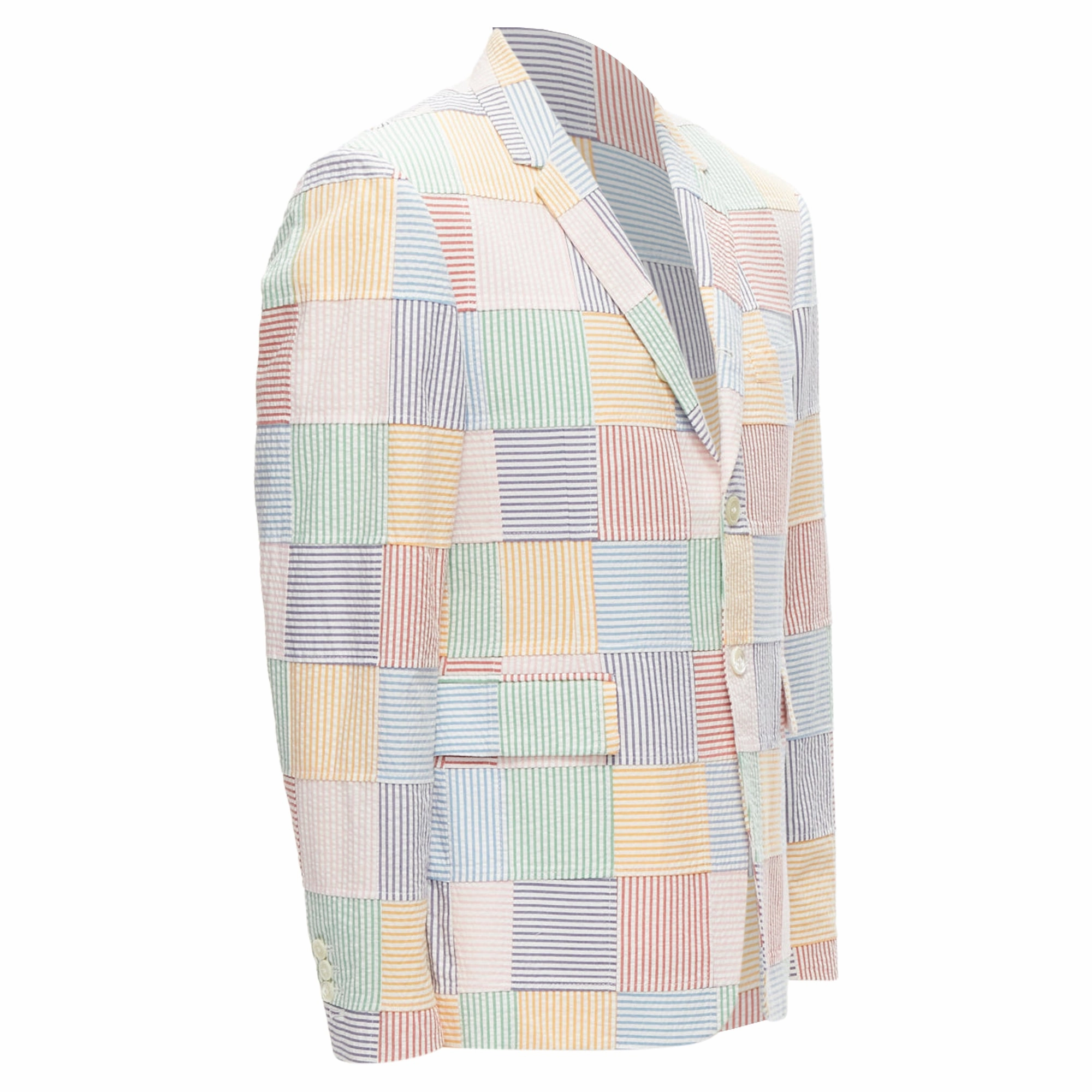 Thom E colourful stripes patchwork seersucker button blazer jacket