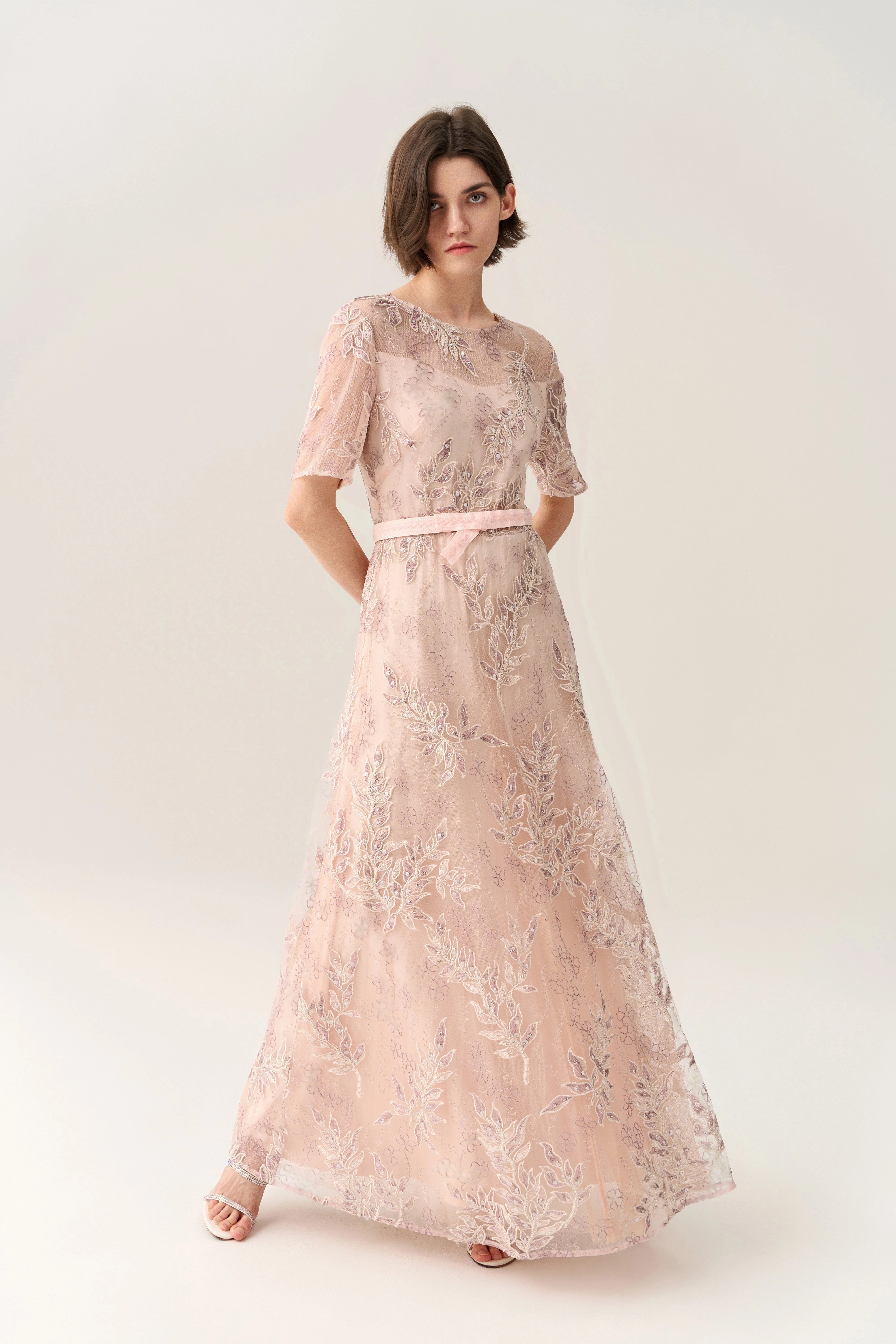 Tie-waist Sequin & Embroidery Mesh Dress