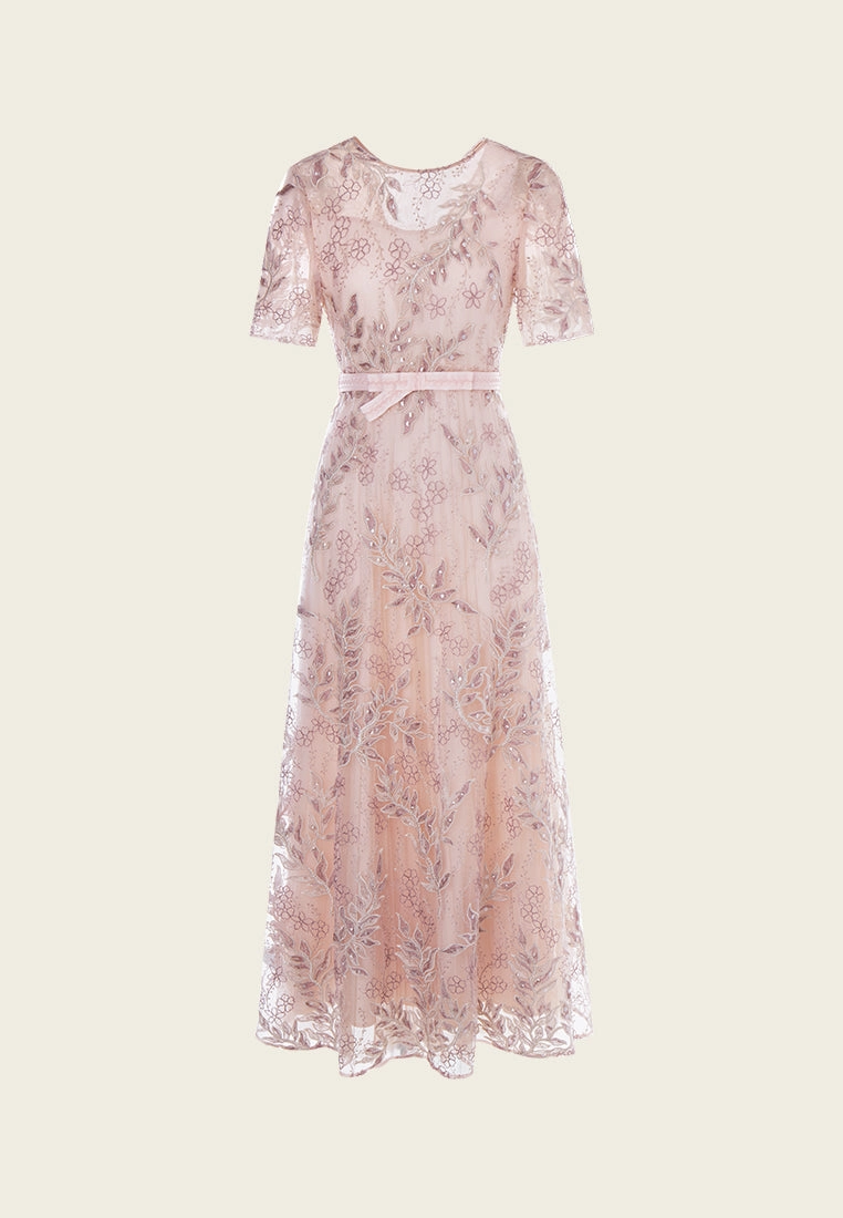 Tie-waist Sequin & Embroidery Mesh Dress