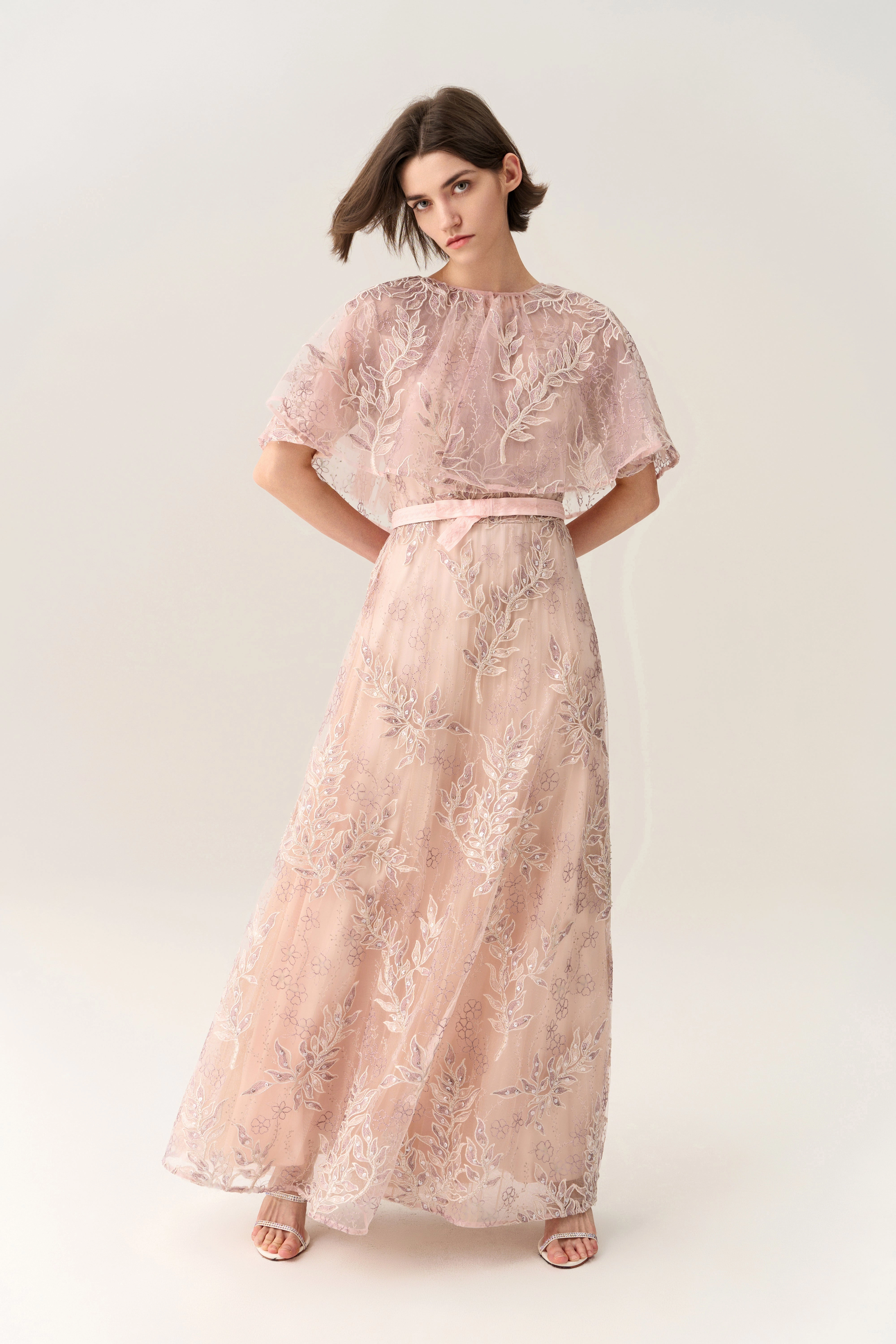 Tie-waist Sequin & Embroidery Mesh Dress