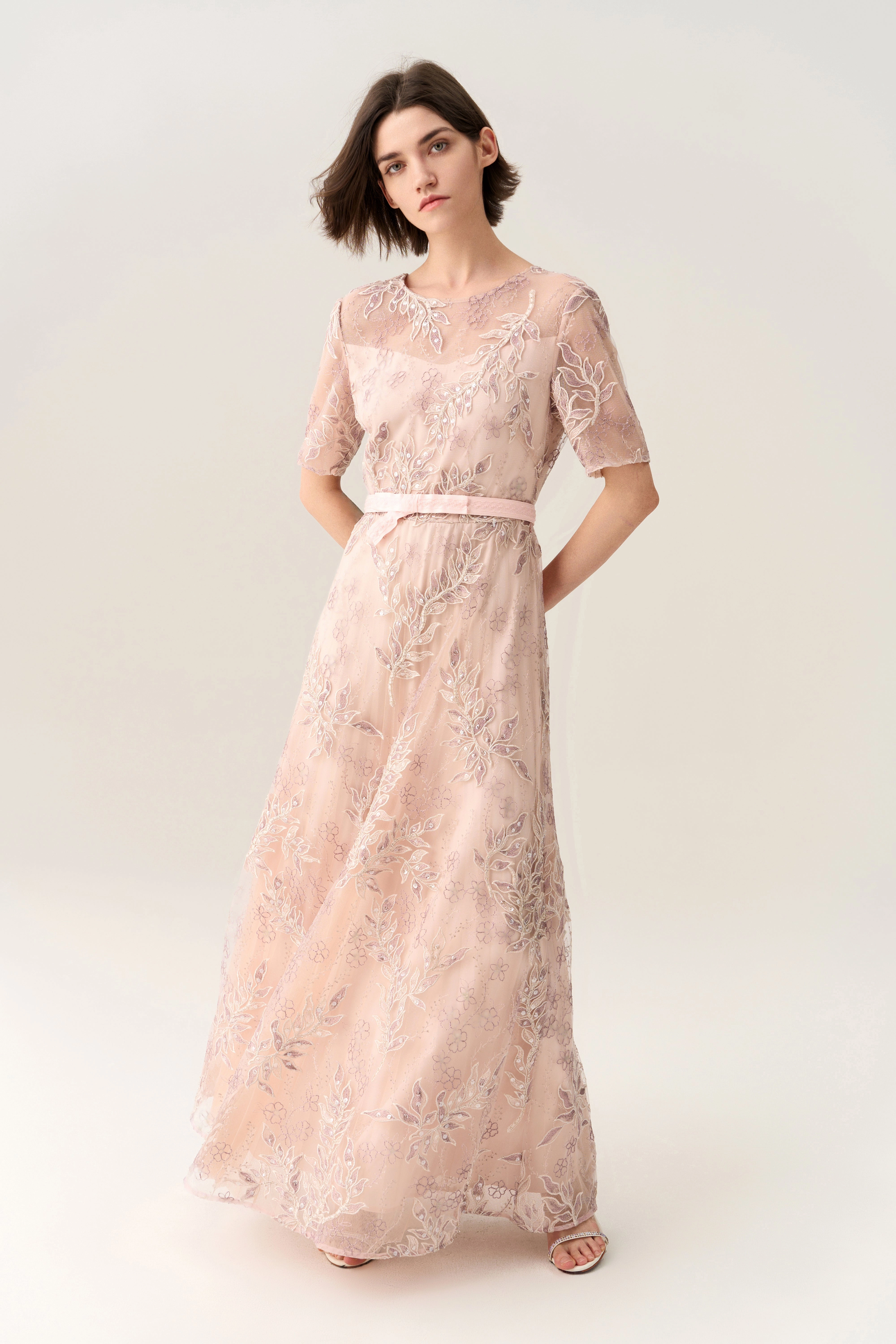 Tie-waist Sequin & Embroidery Mesh Dress