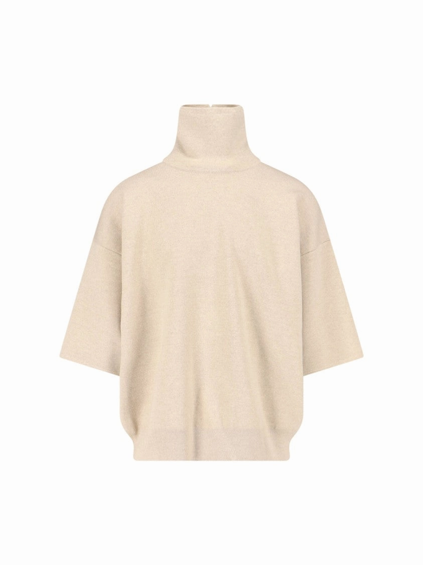 Turtleneck Sweater In Beige Virgin Wool Dropped Shoulders