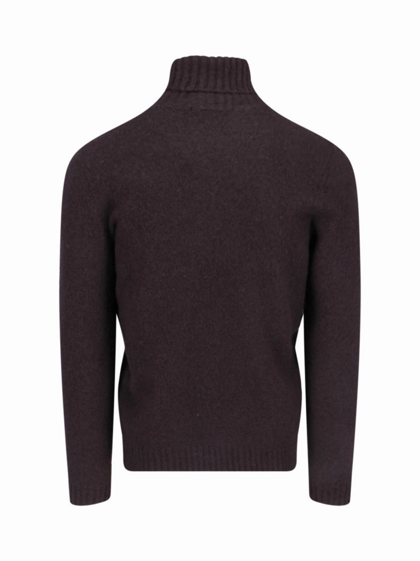 Turtleneck Sweater In Brown Wool Ribbed Trim
