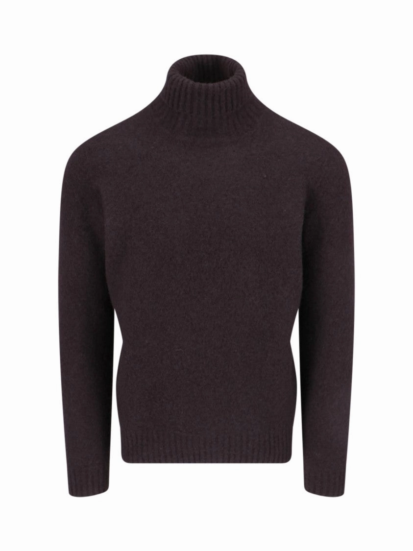 Turtleneck Sweater In Brown Wool Ribbed Trim