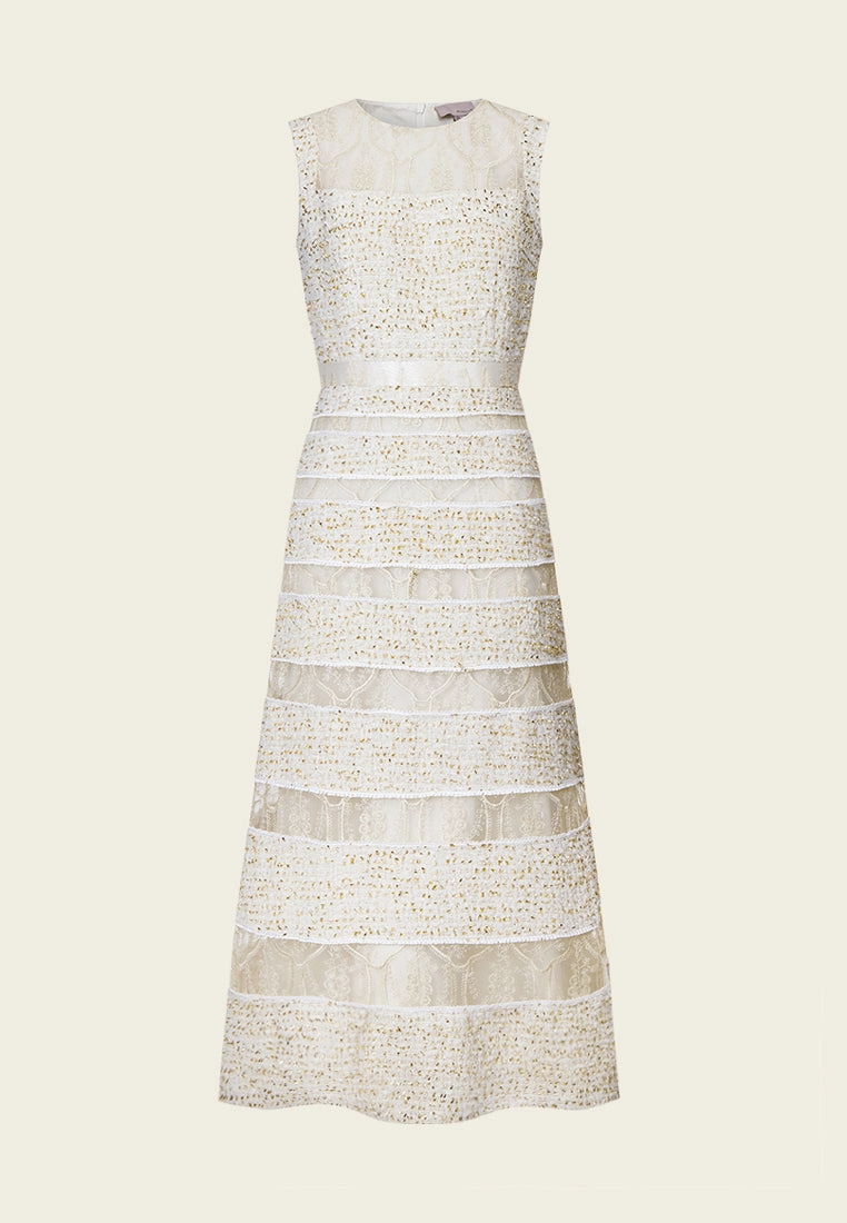 Tweed-Lace Striped Sleeveless Maxi Dress