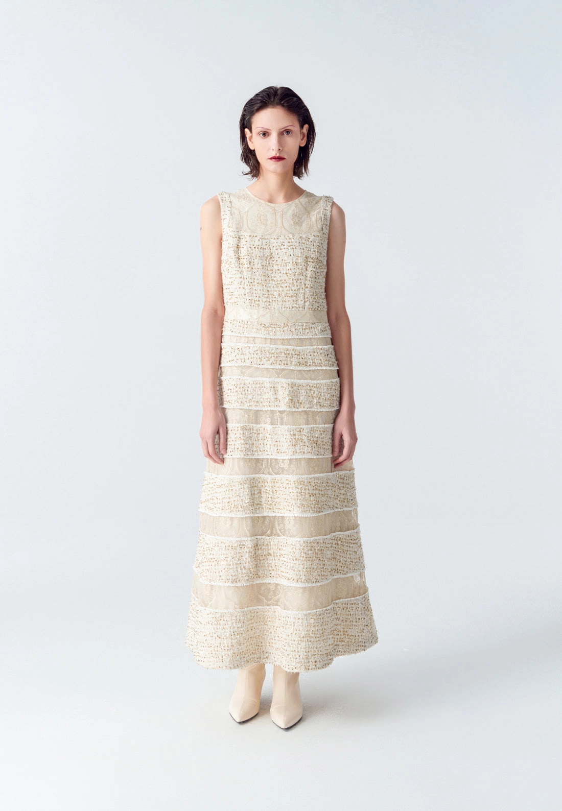 Tweed-Lace Striped Sleeveless Maxi Dress