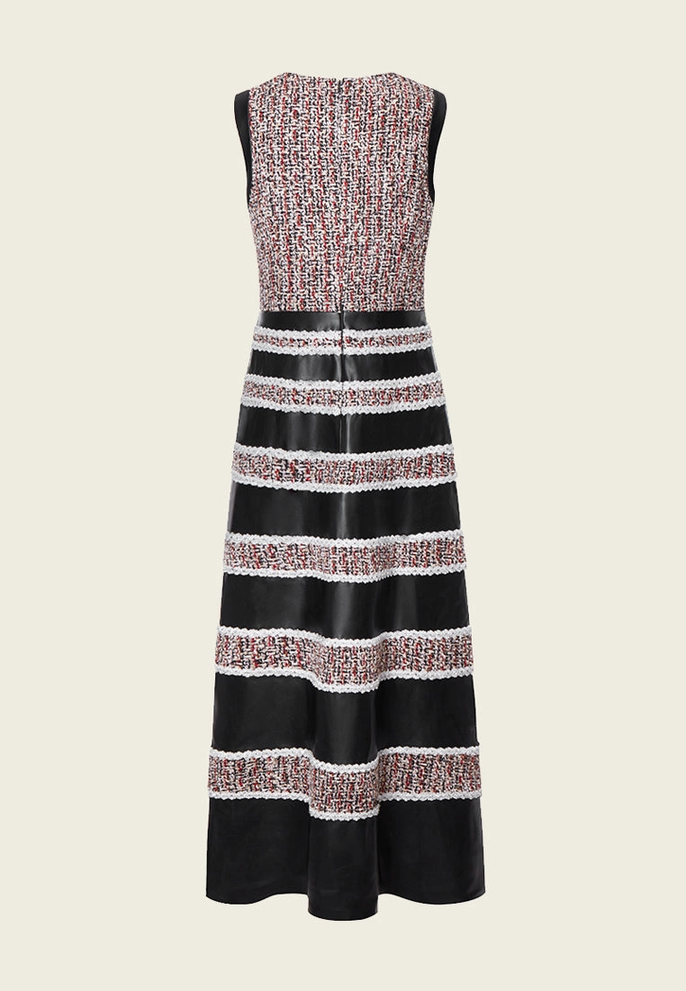 Tweed-Leather Striped Sleeveless Maxi Dress