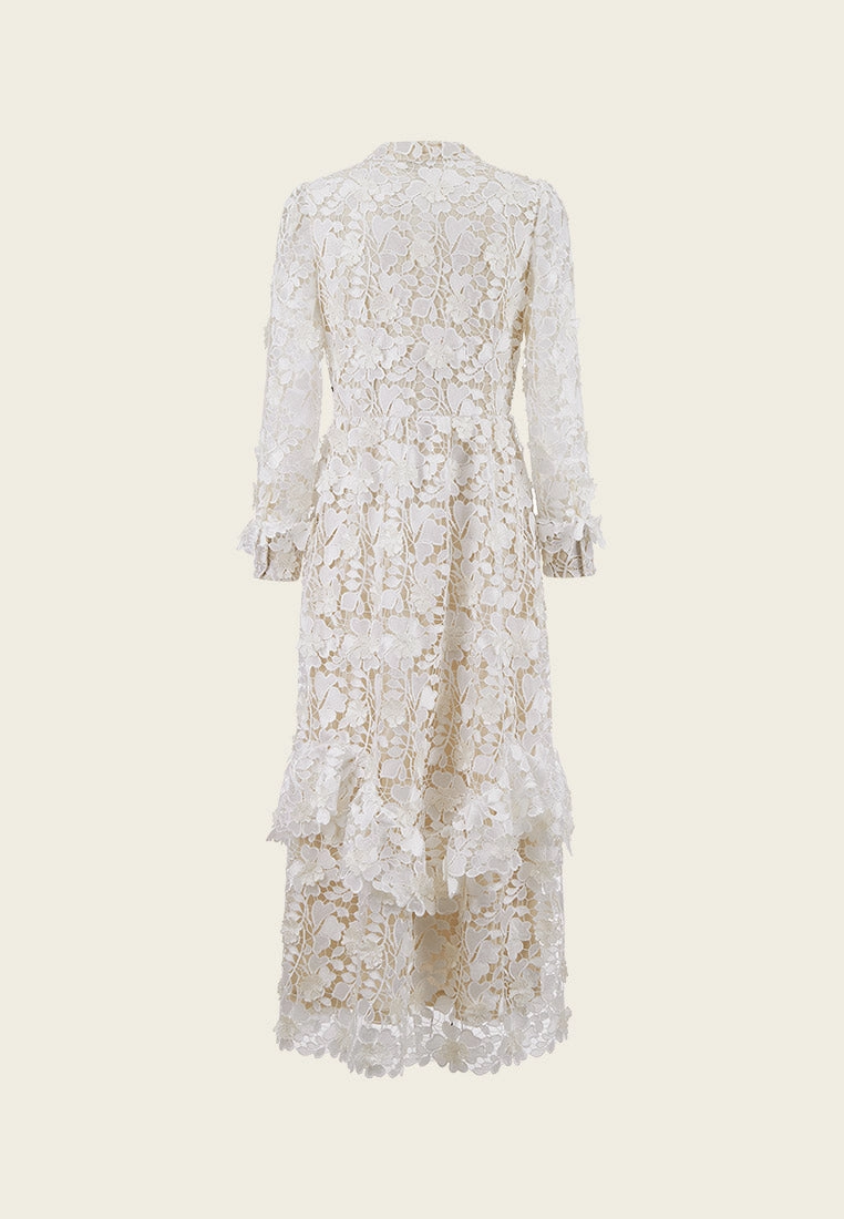 V Neck Black Detailing Jacquard White Lace Dress