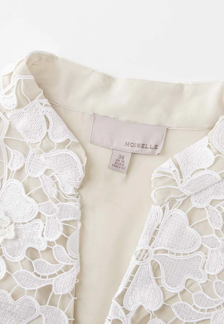V Neck Black Detailing Jacquard White Lace Dress