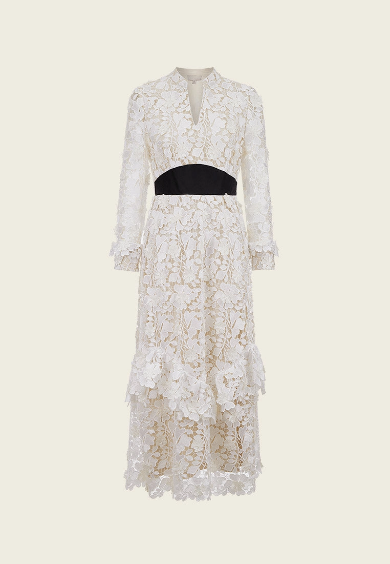 V Neck Black Detailing Jacquard White Lace Dress