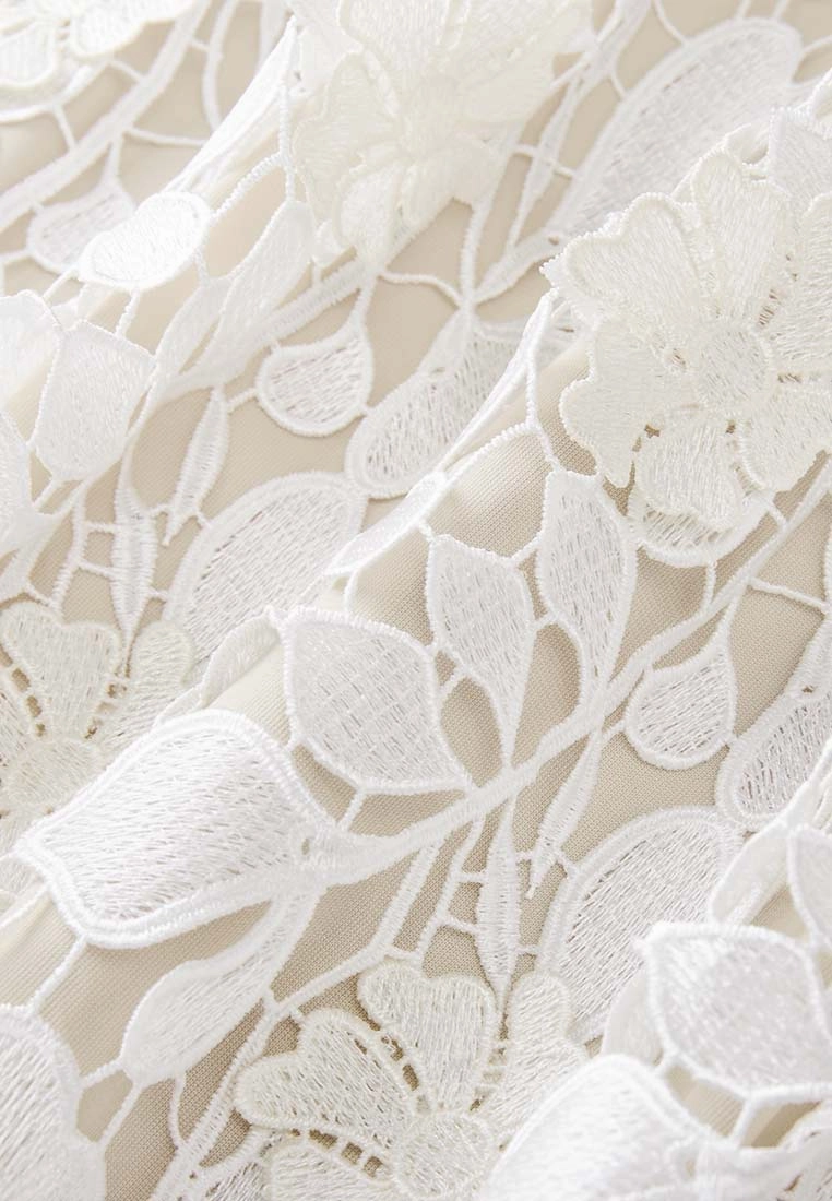 V Neck Black Detailing Jacquard White Lace Dress