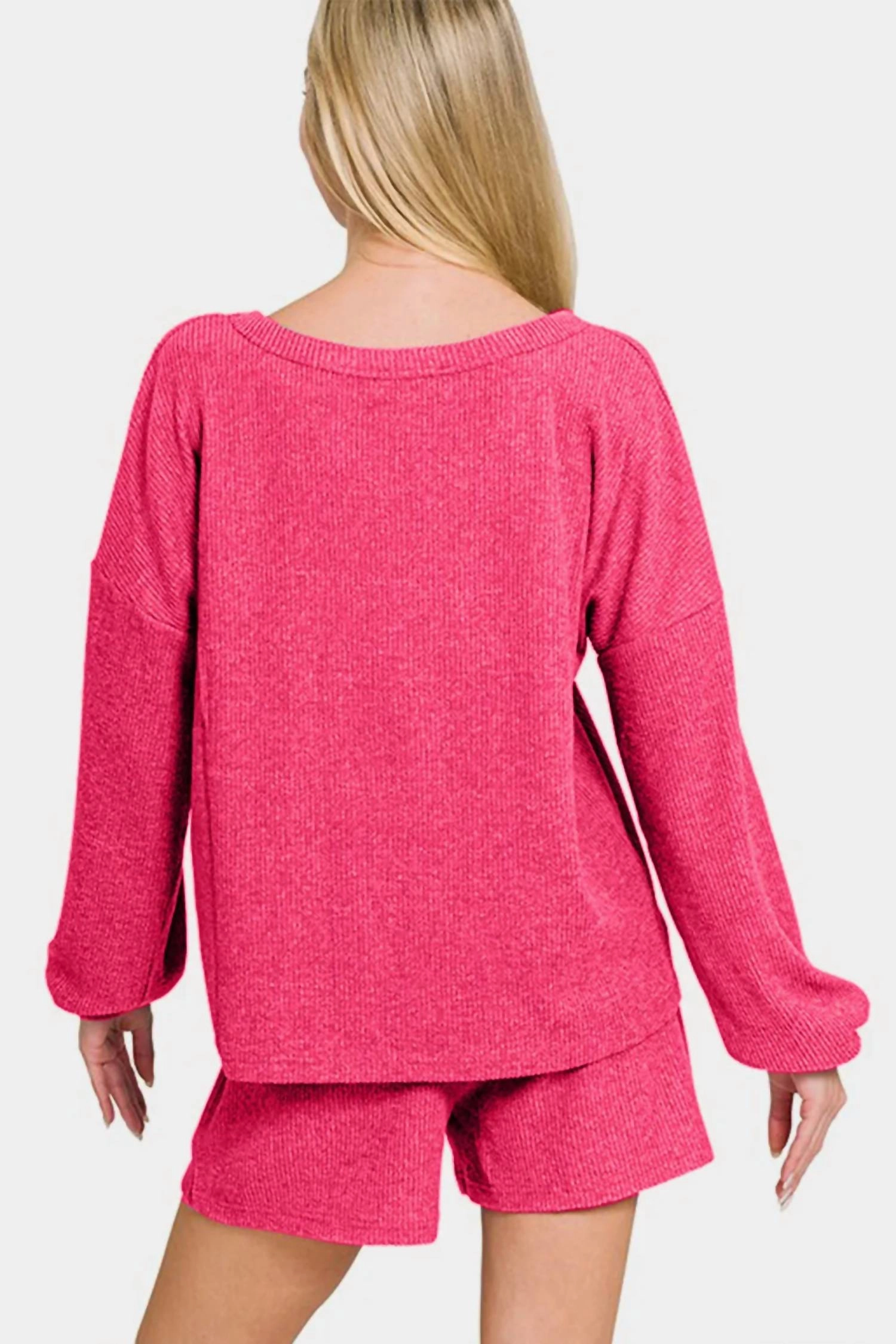 V-Neck Long Sleeve Ribbed Top And Shorts Set In Strawberry