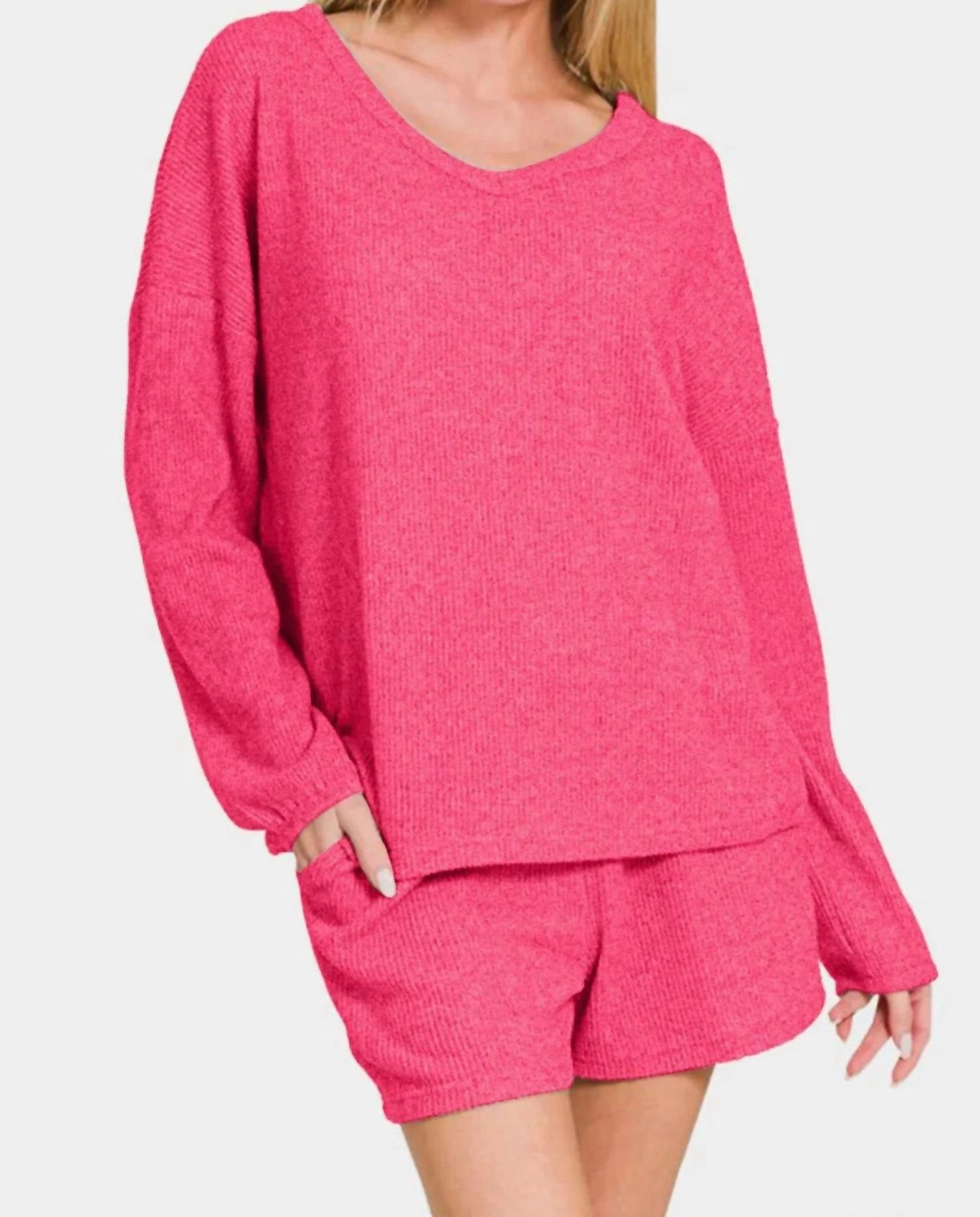V-Neck Long Sleeve Ribbed Top And Shorts Set In Strawberry