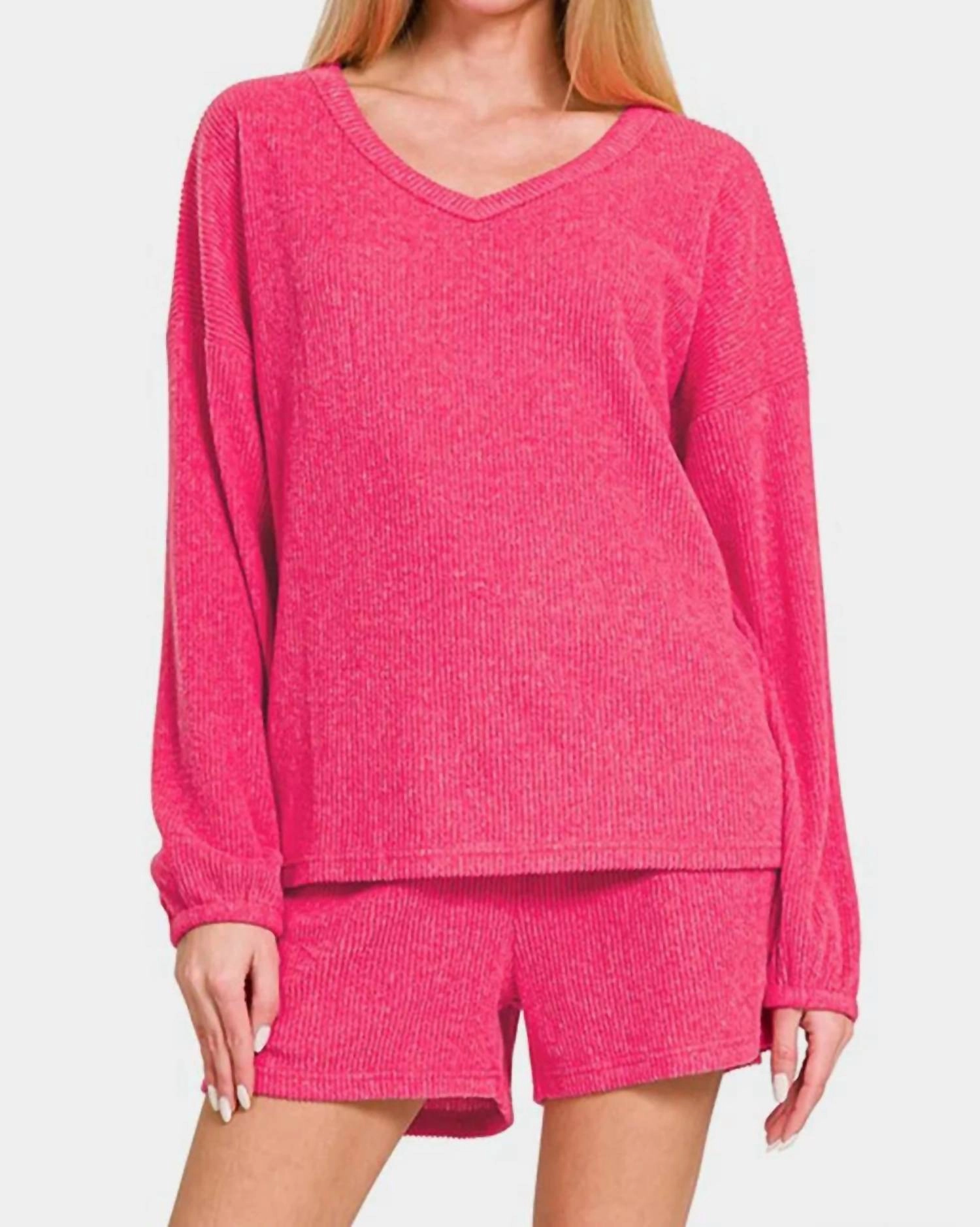 V-Neck Long Sleeve Ribbed Top And Shorts Set In Strawberry