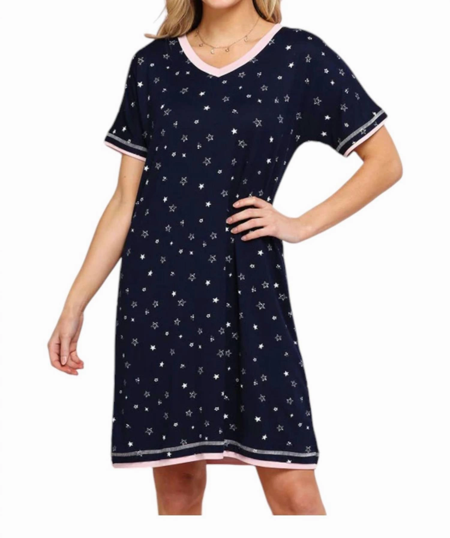 V-Neck Short Sleeve Sleepshirt In Navy