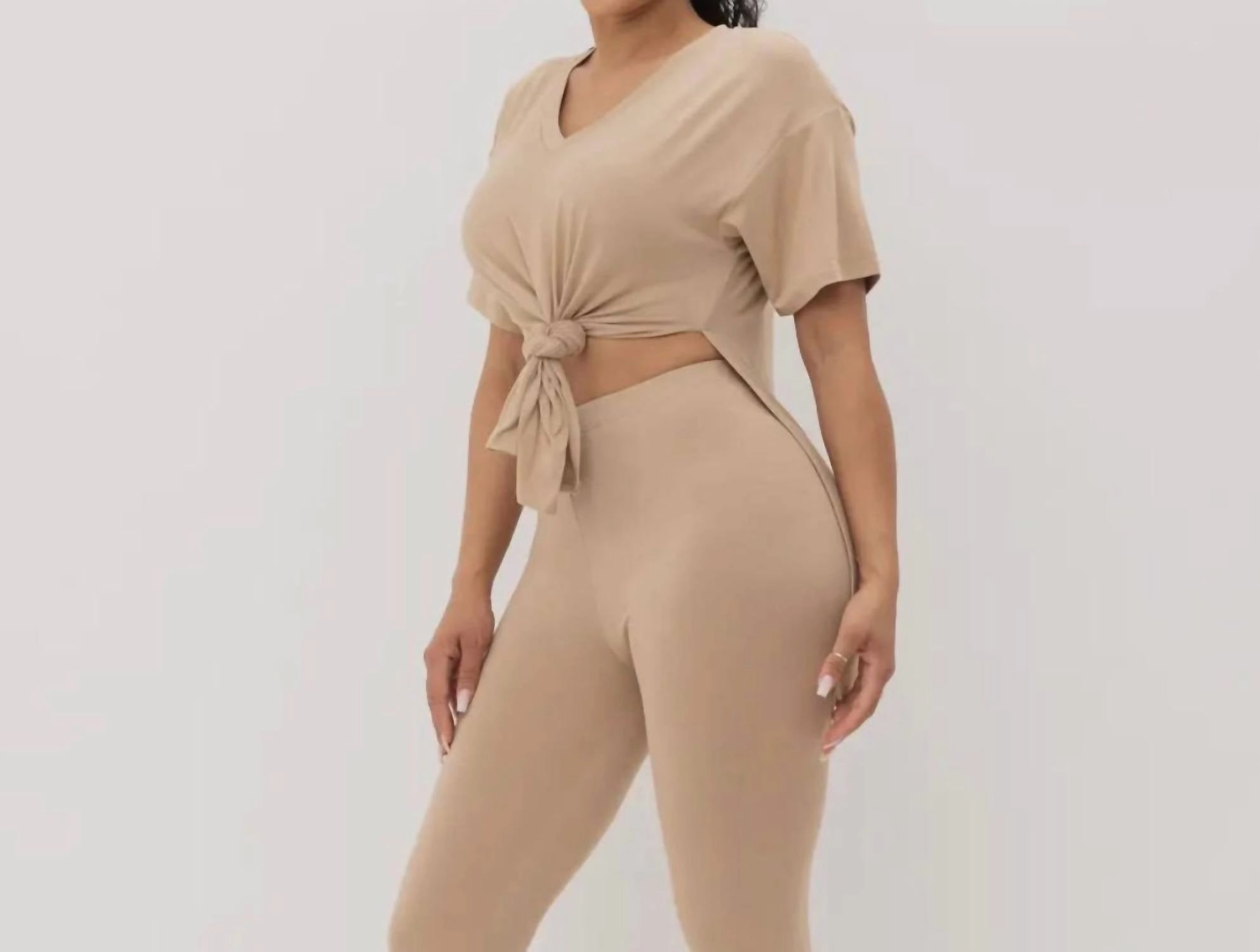 V-Neck Slit Sides Top And Pants Set In Taupe