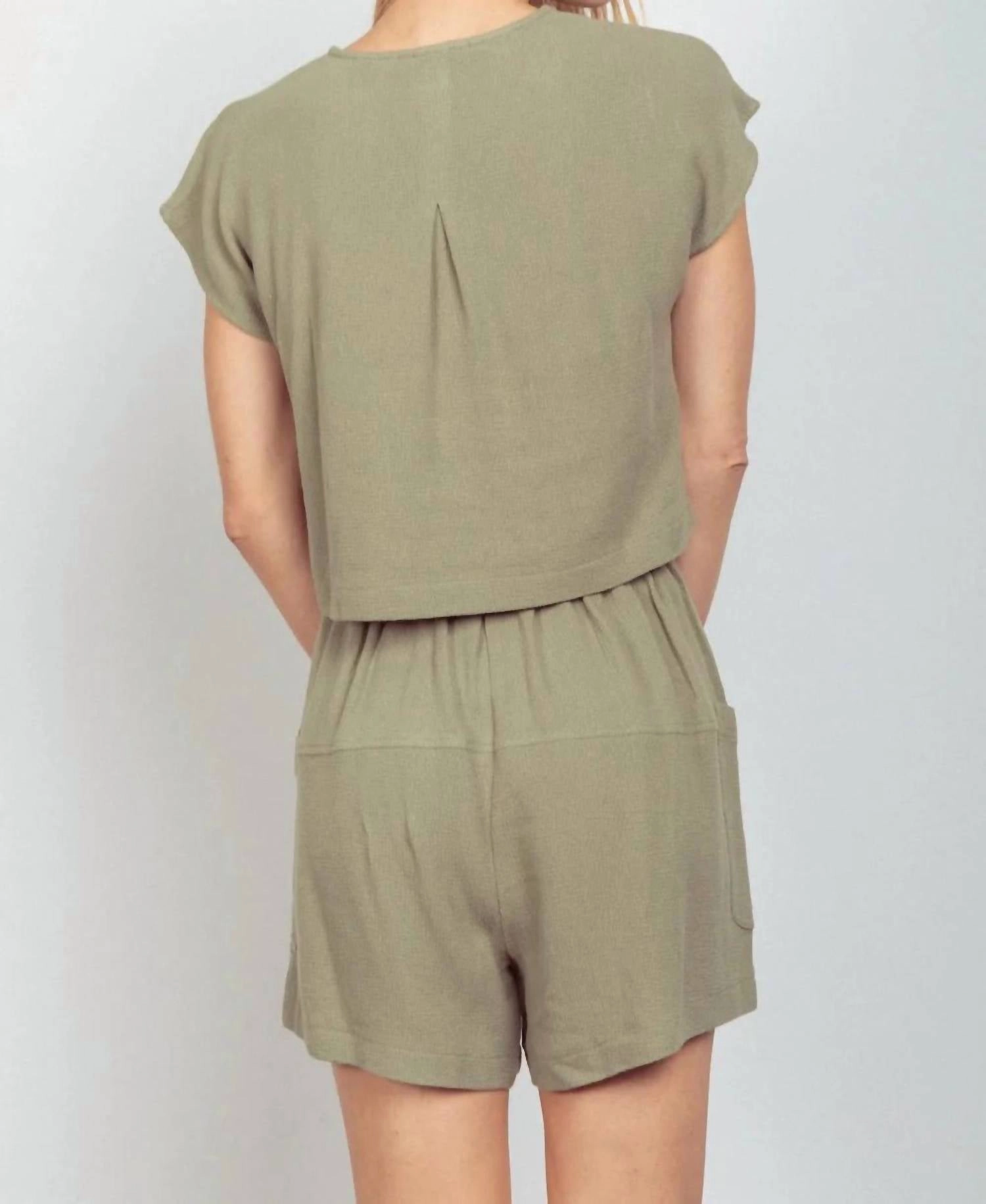 Very J Woven Cropped Top & Waist Tie Shorts Set In Sage