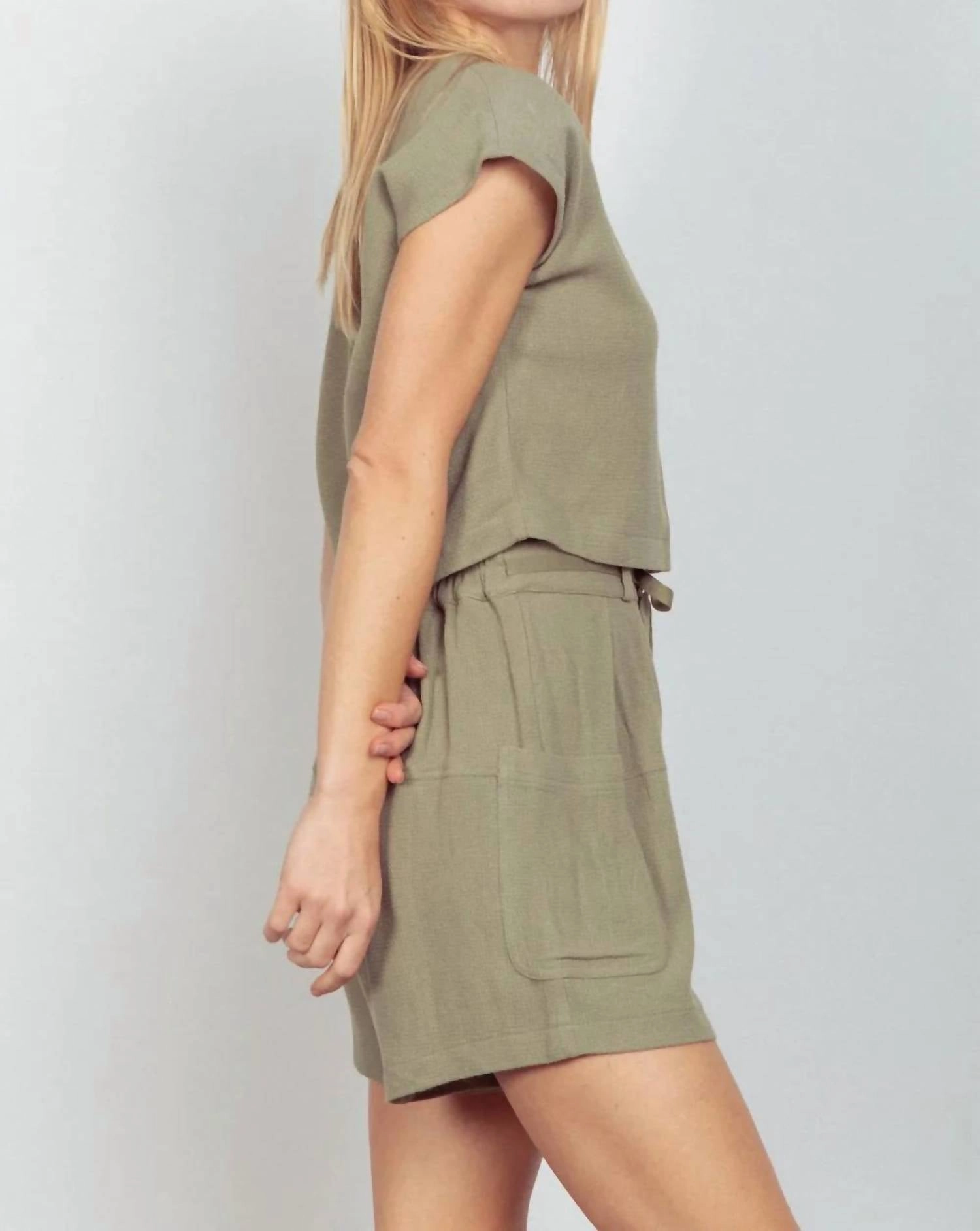 Very J Woven Cropped Top & Waist Tie Shorts Set In Sage