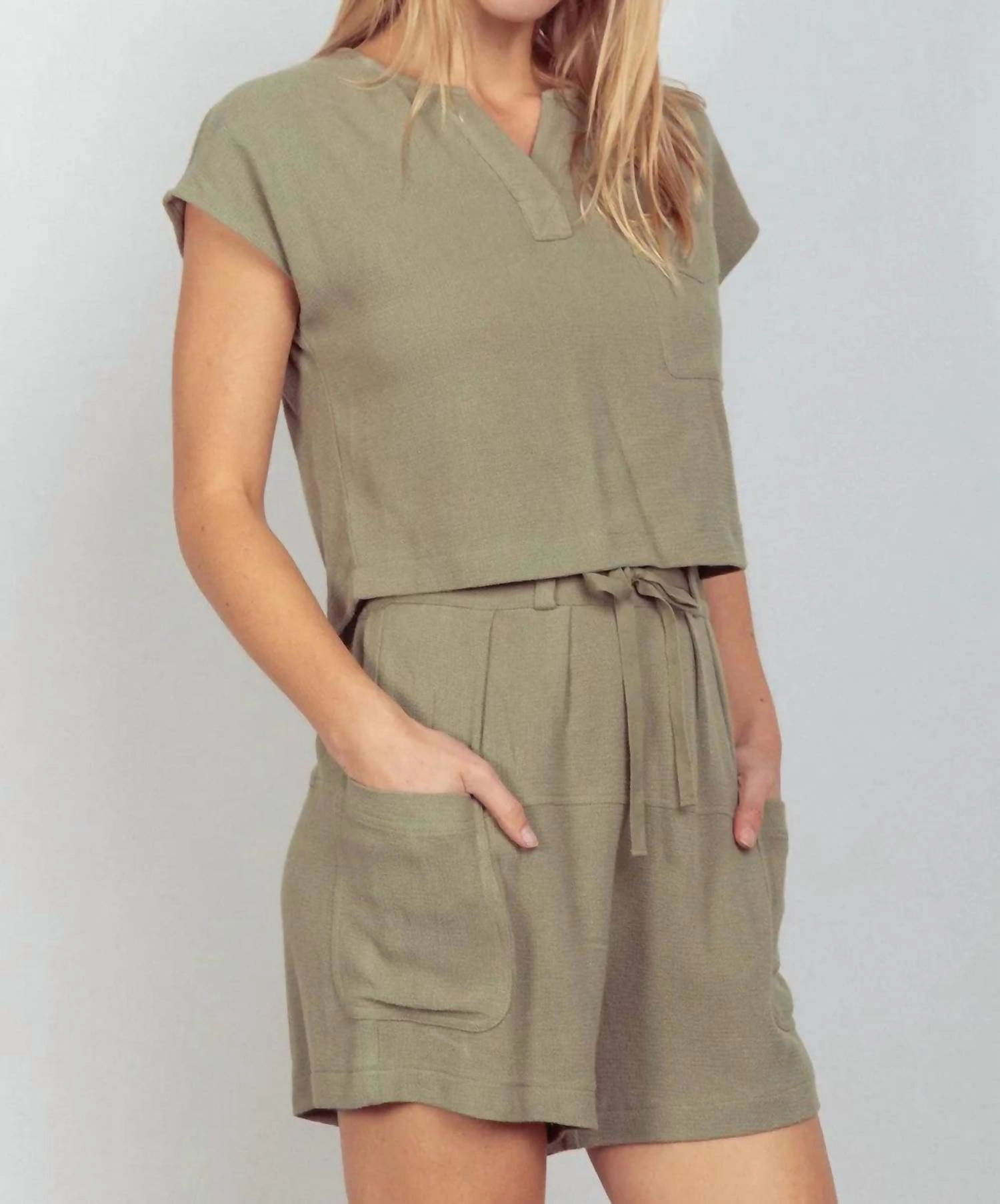 Very J Woven Cropped Top & Waist Tie Shorts Set In Sage