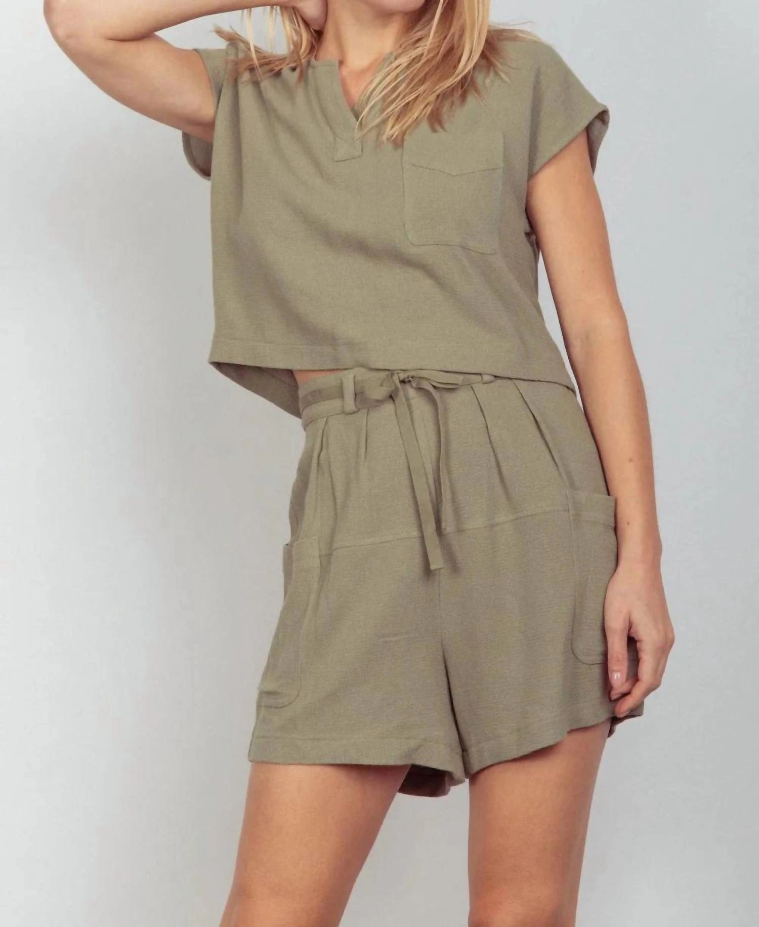 Very J Woven Cropped Top & Waist Tie Shorts Set In Sage