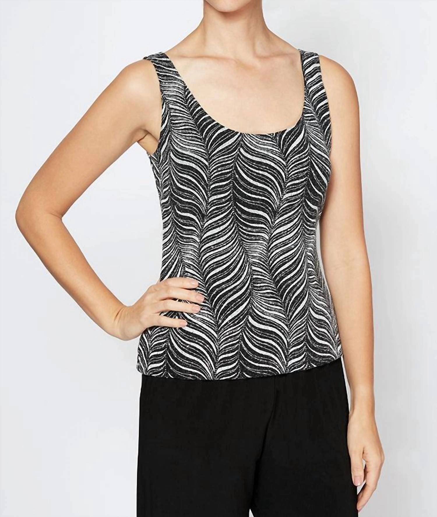 Waves Glitter Printed Twinset With Mandarin Neck Jacket And Scoop Neck Tank In Black White