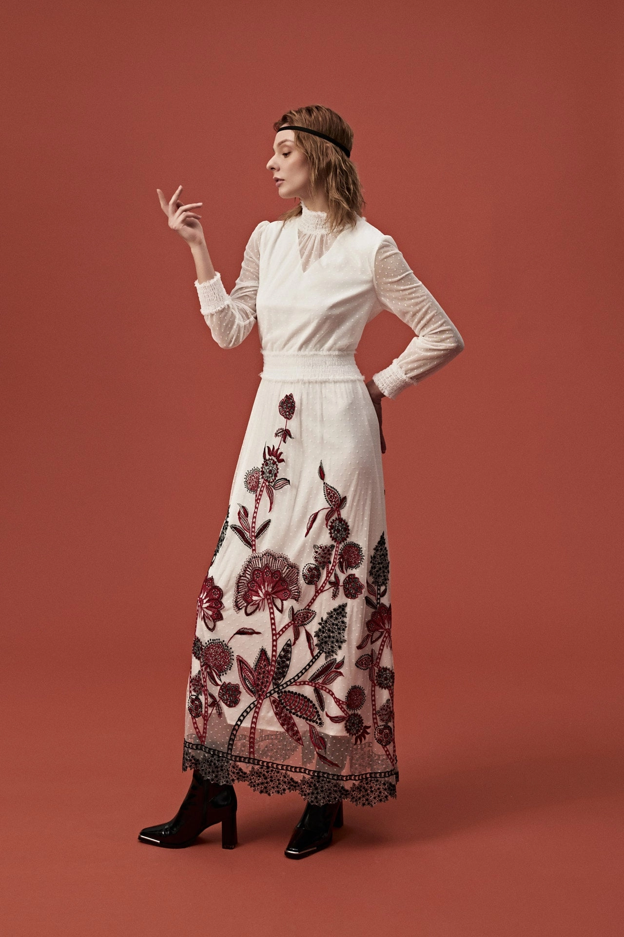 White Chiffon High Collar Floral Embroidered Evening Gown