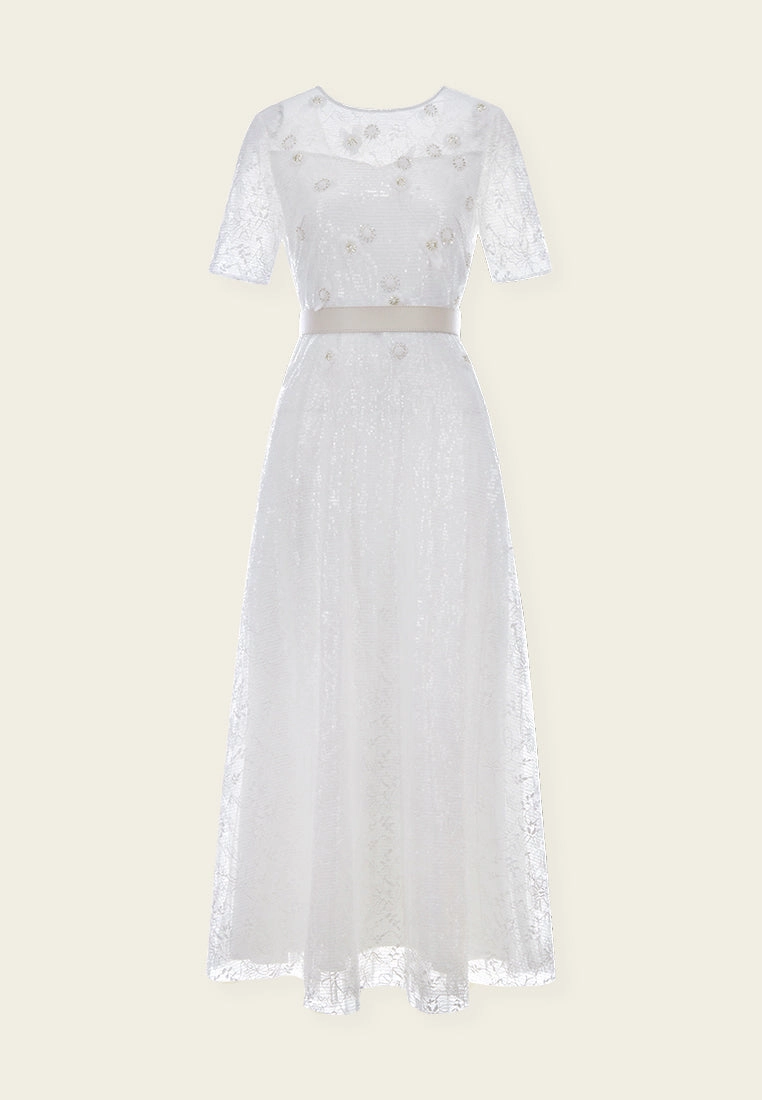 White Embellished Lace Maxi Dress