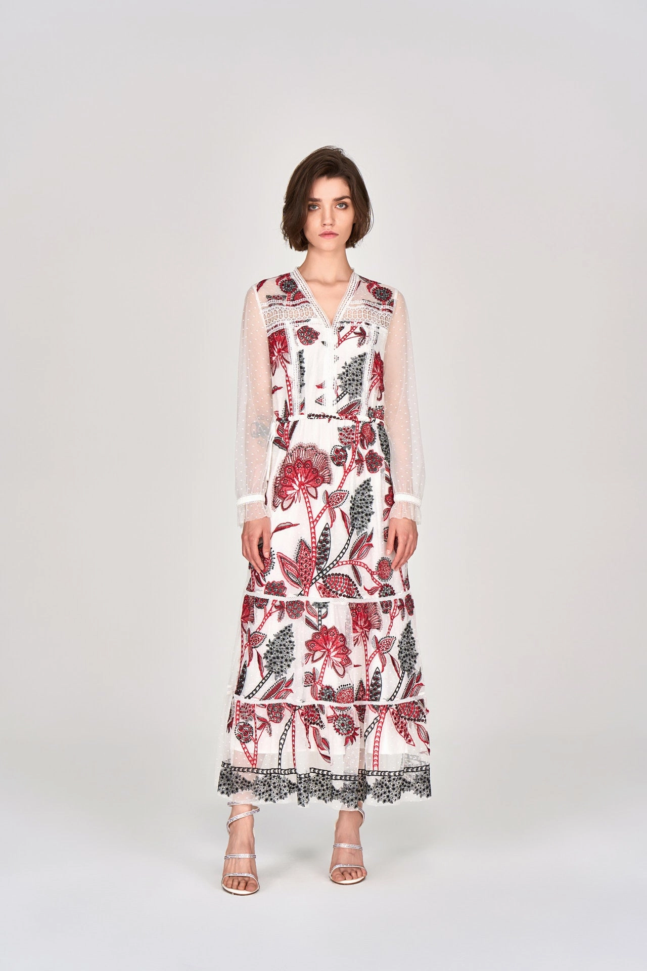 White Embroidered Tie-waist Maxi Dress