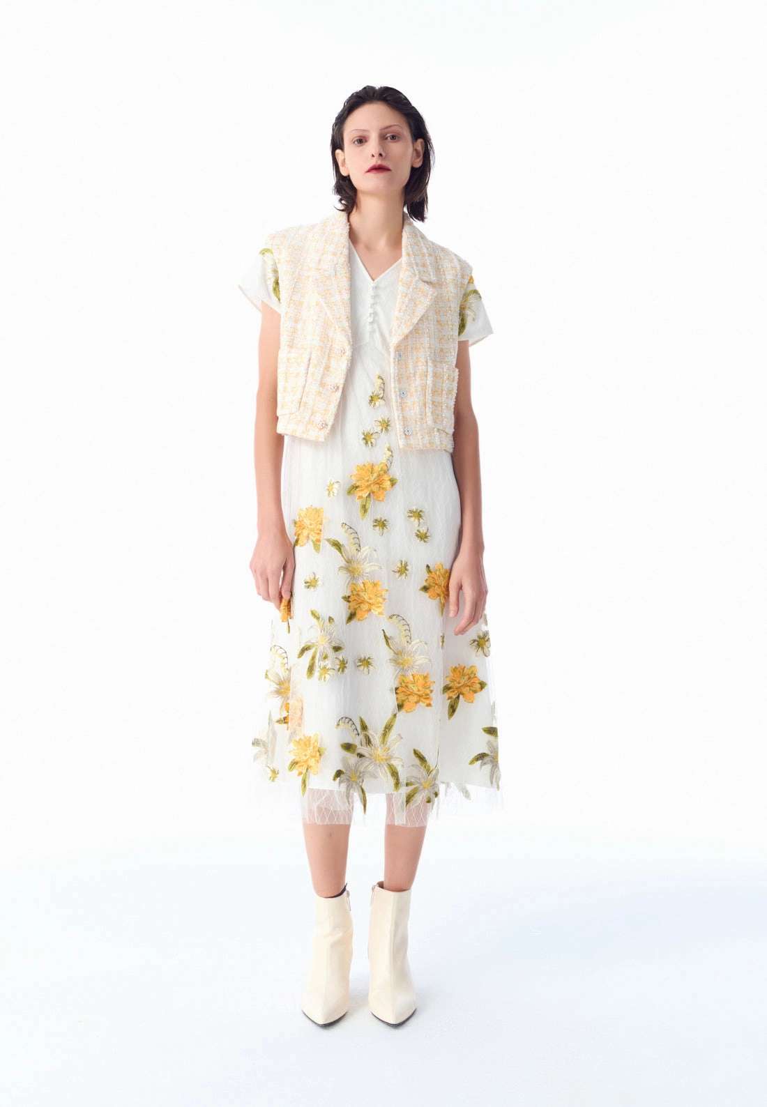 White Floral Embroidered Mesh Cap-sleeves Dress