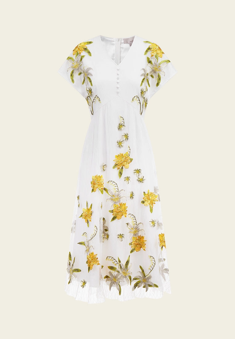 White Floral Embroidered Mesh Cap-sleeves Dress