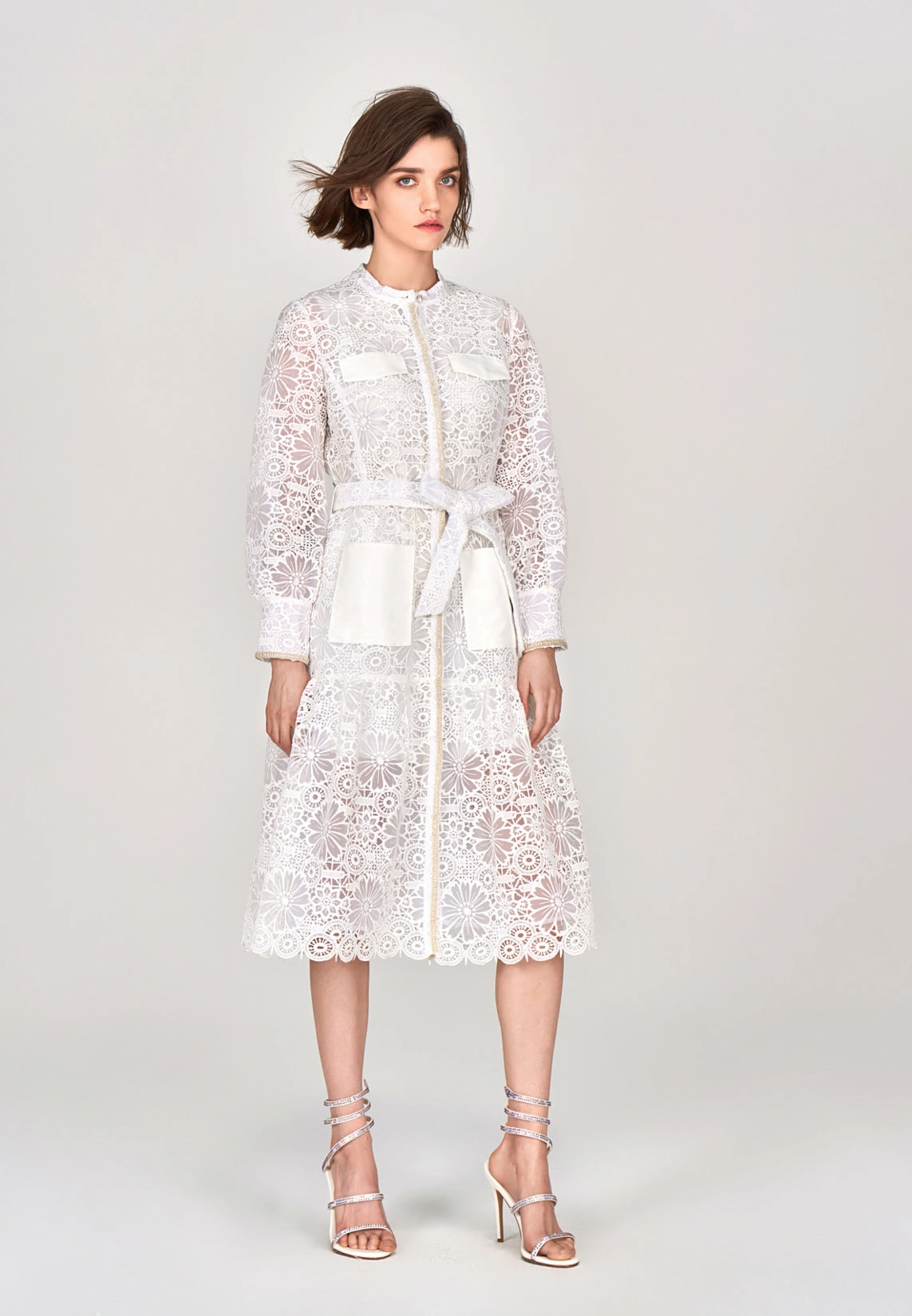 White Lace Stand Collar Tie Waist Dress