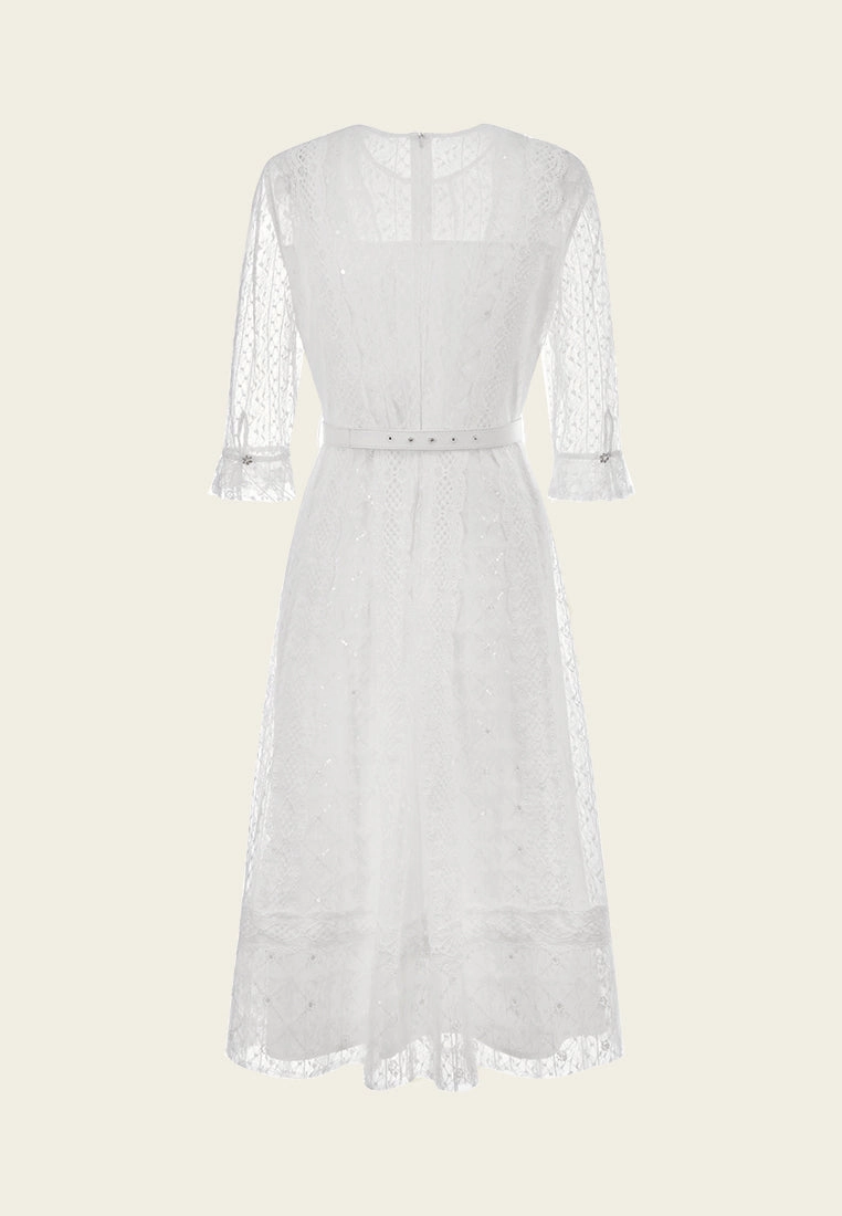 White Mid Sleeves Lace Midi Dress