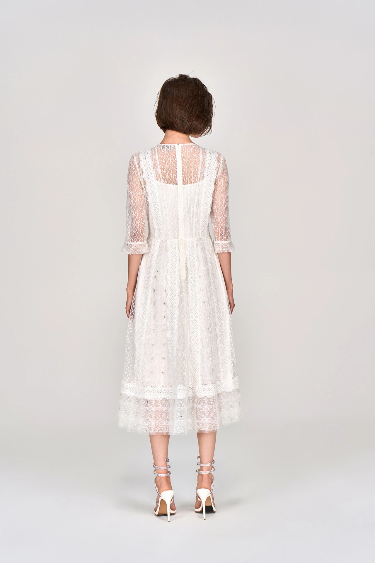 White Mid Sleeves Lace Midi Dress
