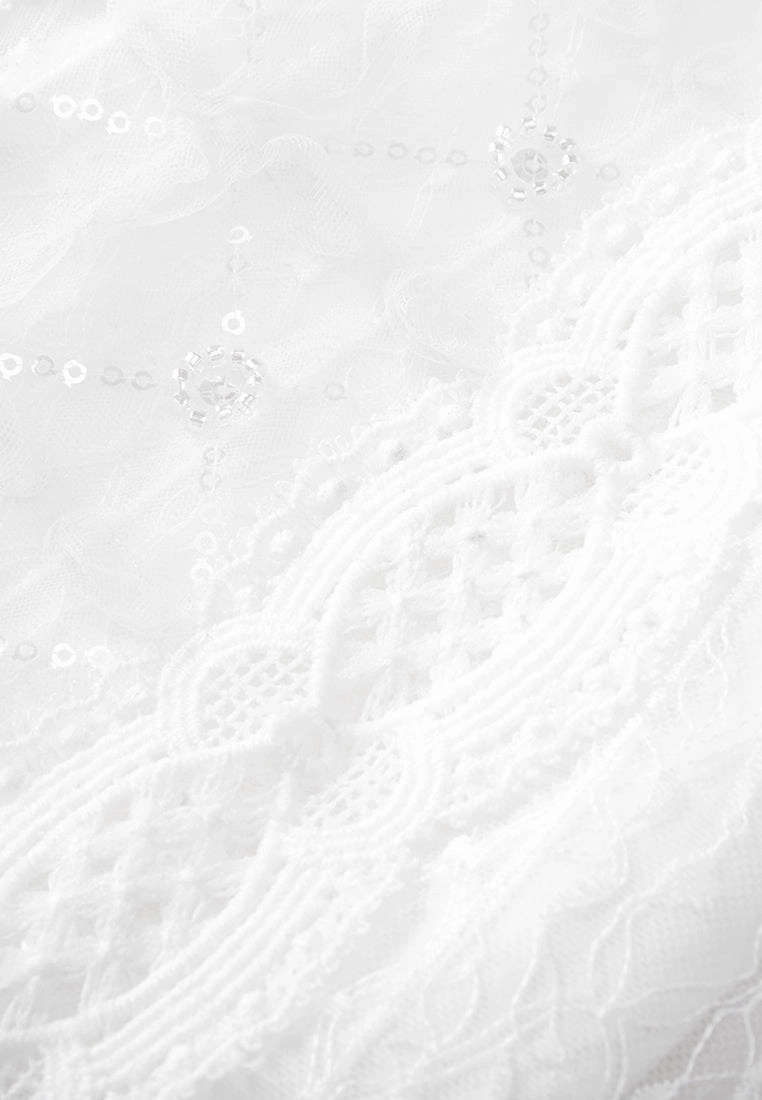 White Mid Sleeves Lace Midi Dress