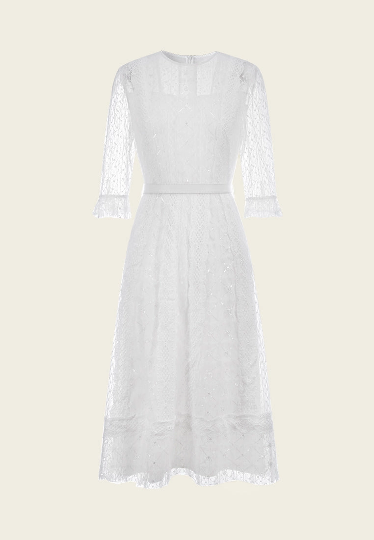 White Mid Sleeves Lace Midi Dress