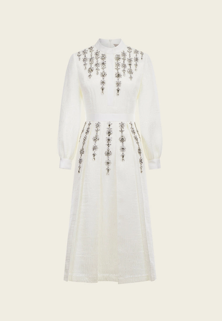 White Rhinestone Long-sleeved Evening Dress